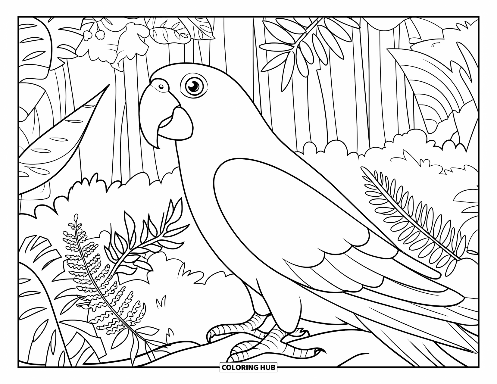Puerto Rico Coloring Page for Adults: A Puerto Rican parrot rests on a branch surrounded by rainforest leaves and ferns