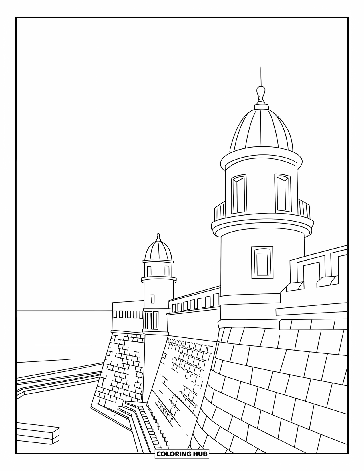 Puerto Rico Coloring Page for Adults: El Morro fortress stands tall by the ocean with its historic stone walls