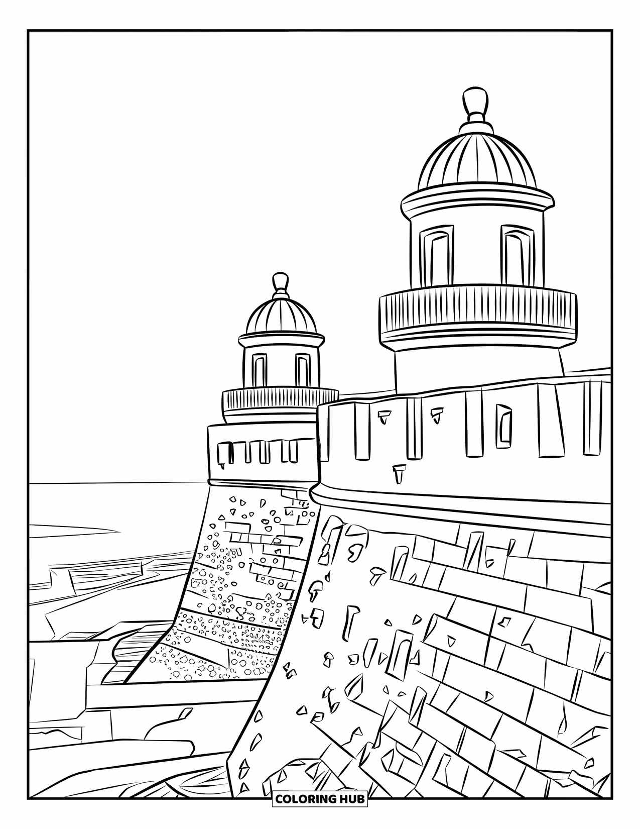 Puerto Rico Coloring Page for Adults: El Morro's towers and ocean backdrop capture Puerto Rico's timeless charm