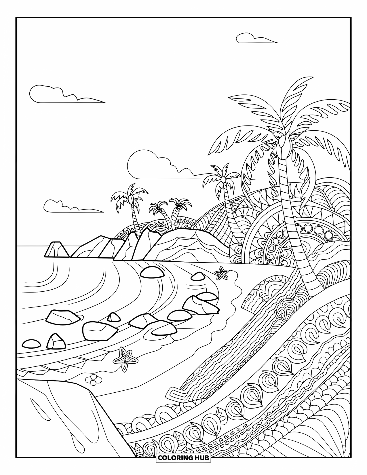 Puerto Rico Coloring Page for Adults: Flamenco Beach's palm-lined coast offers a relaxing, patterned tropical view