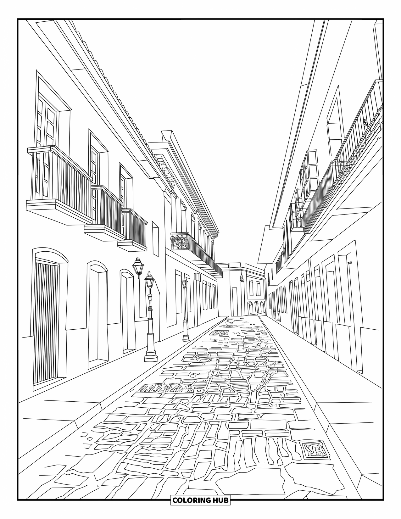 Puerto Rico Coloring Page for Adults: Old San Juan's cobblestone streets glow with balconies and vintage lampposts
