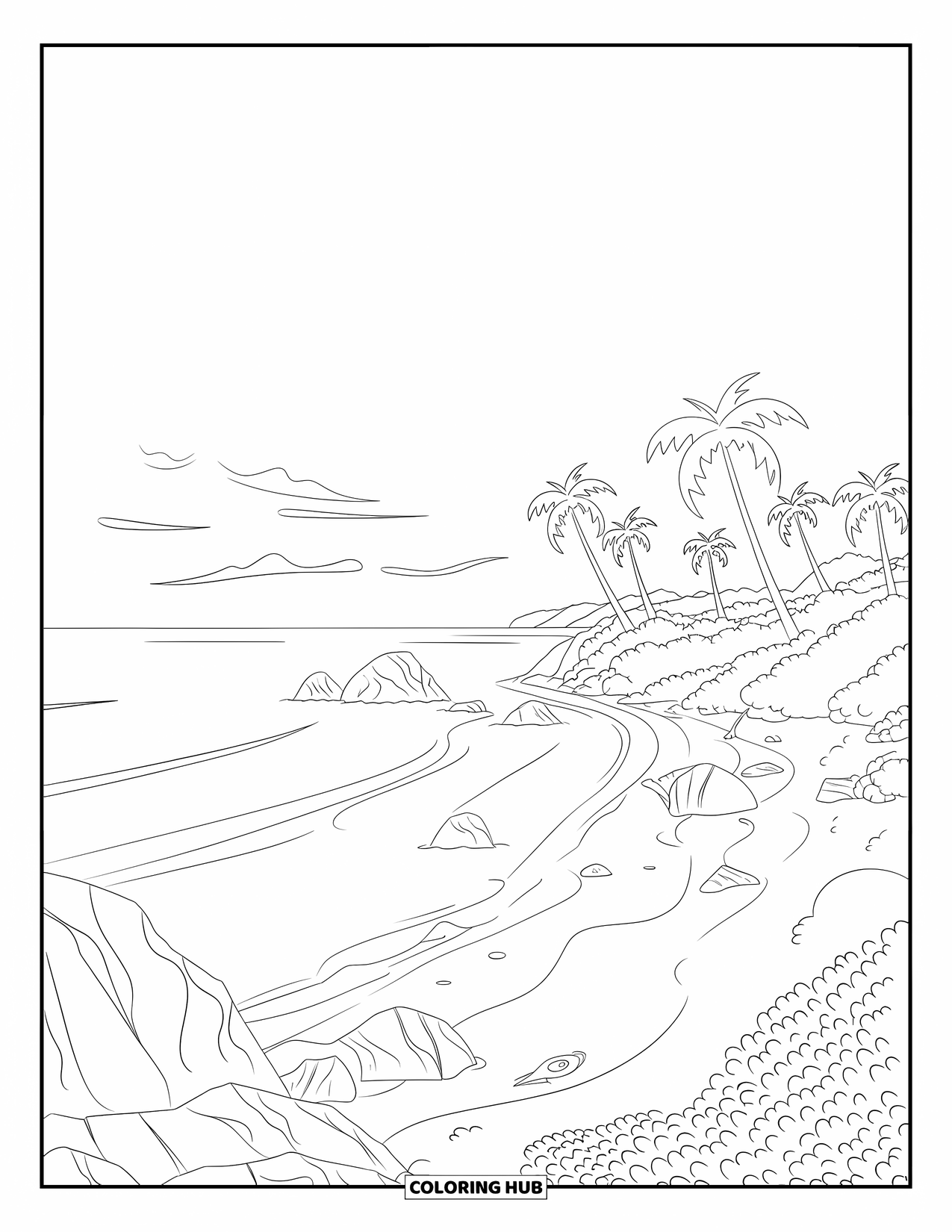 Puerto Rico Coloring Page for Adults: Palm trees and gentle waves bring calm beauty to Flamenco Beach