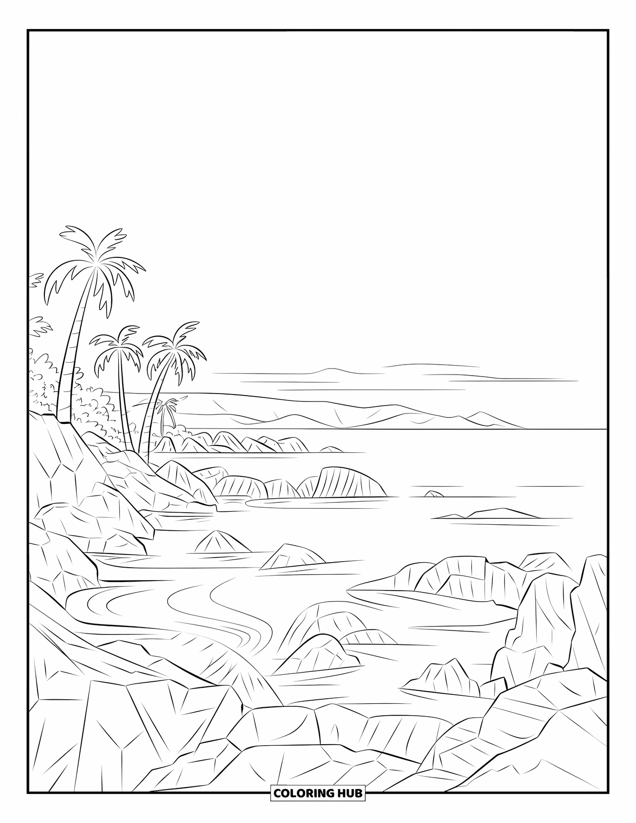 Puerto Rico Coloring Page for Adults: Rocks, palms, and calm waves stretch across the scenic Flamenco Beach