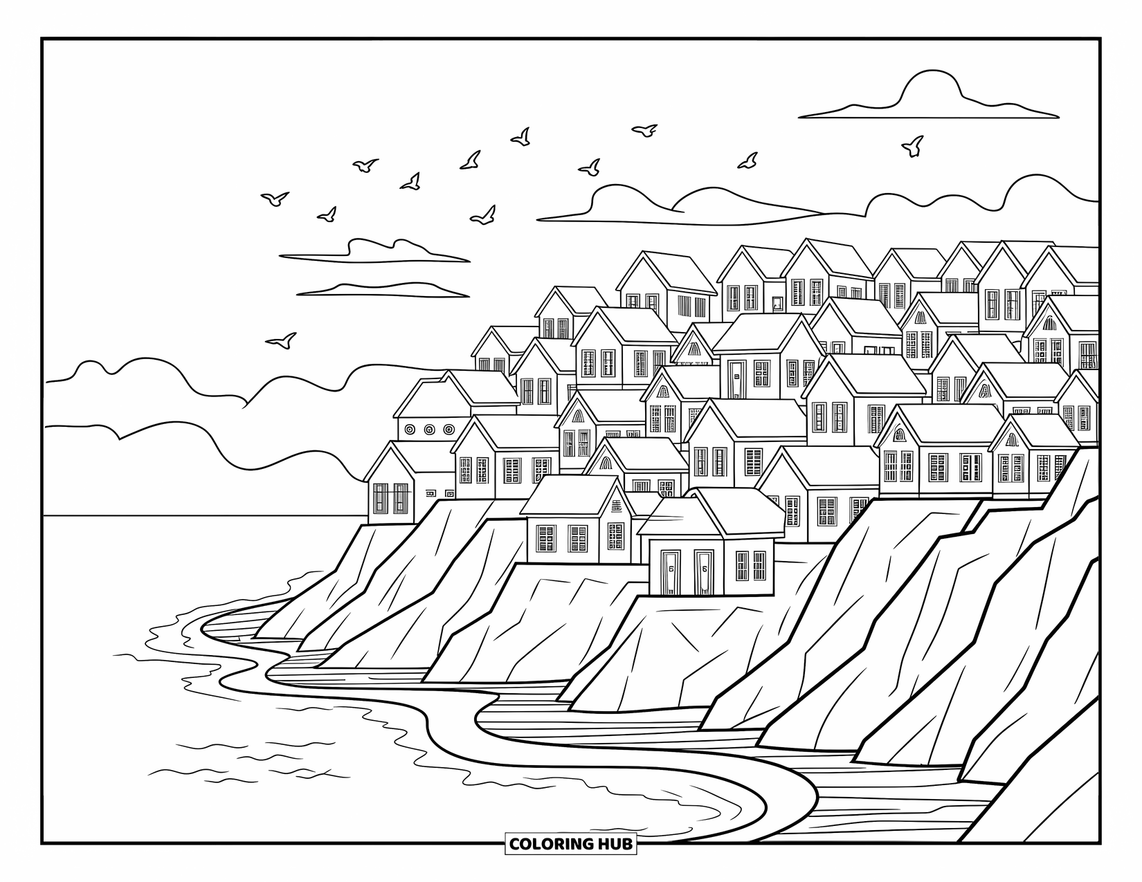 Puerto Rico Coloring Page for Adults: Stacked La Perla homes and soaring birds bring Puerto Rico's coast to life