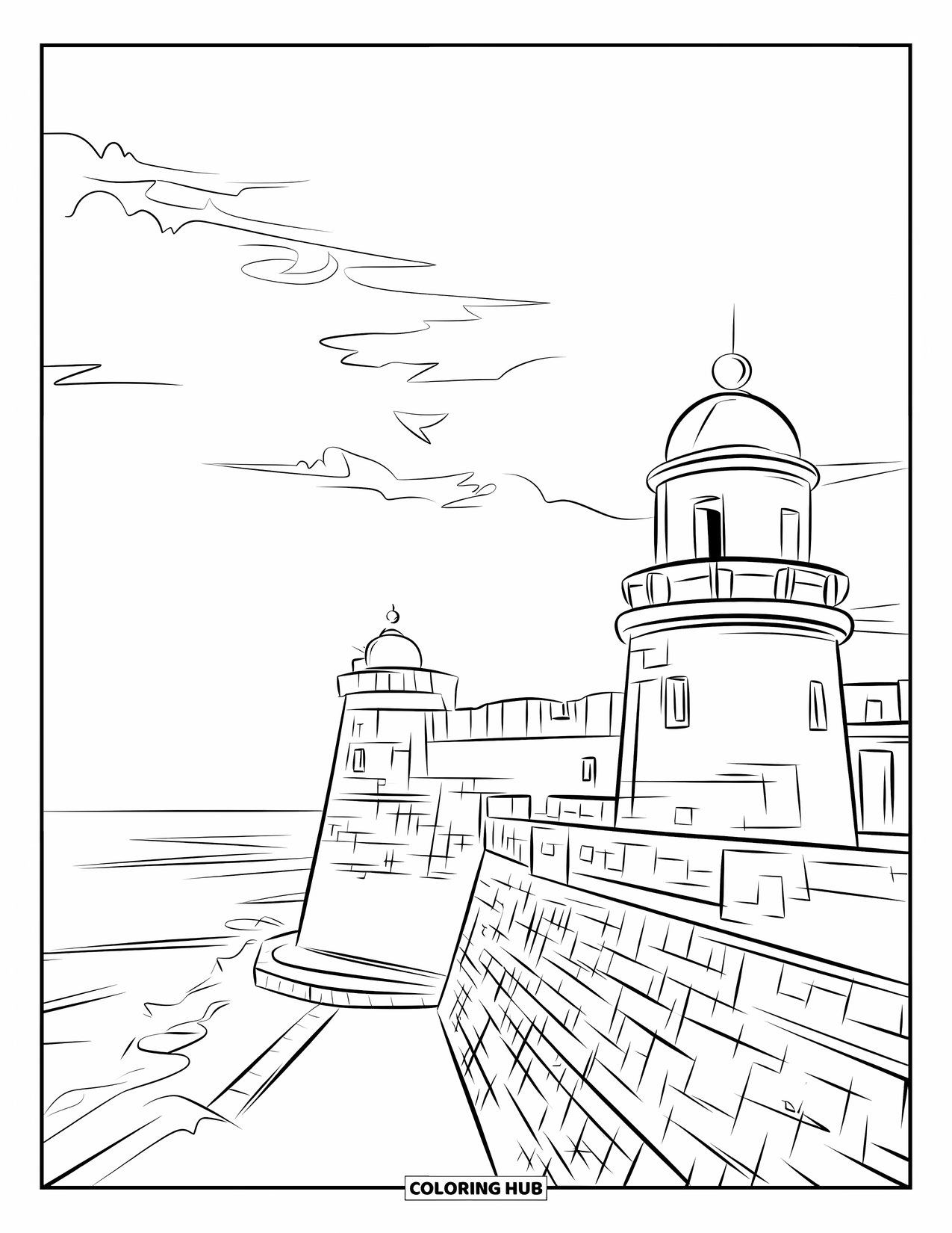 Puerto Rico Coloring Page for Adults: The grand El Morro fortress overlooks the sea beneath a bright sky