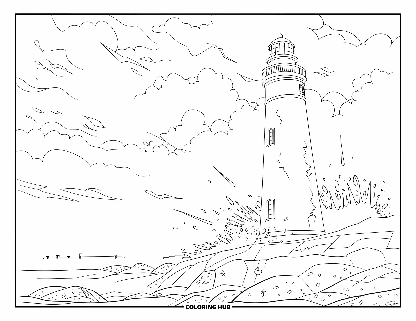 Puerto Rico Coloring Page for Kids: A cracked lighthouse withstands waves and wind during a tropical storm