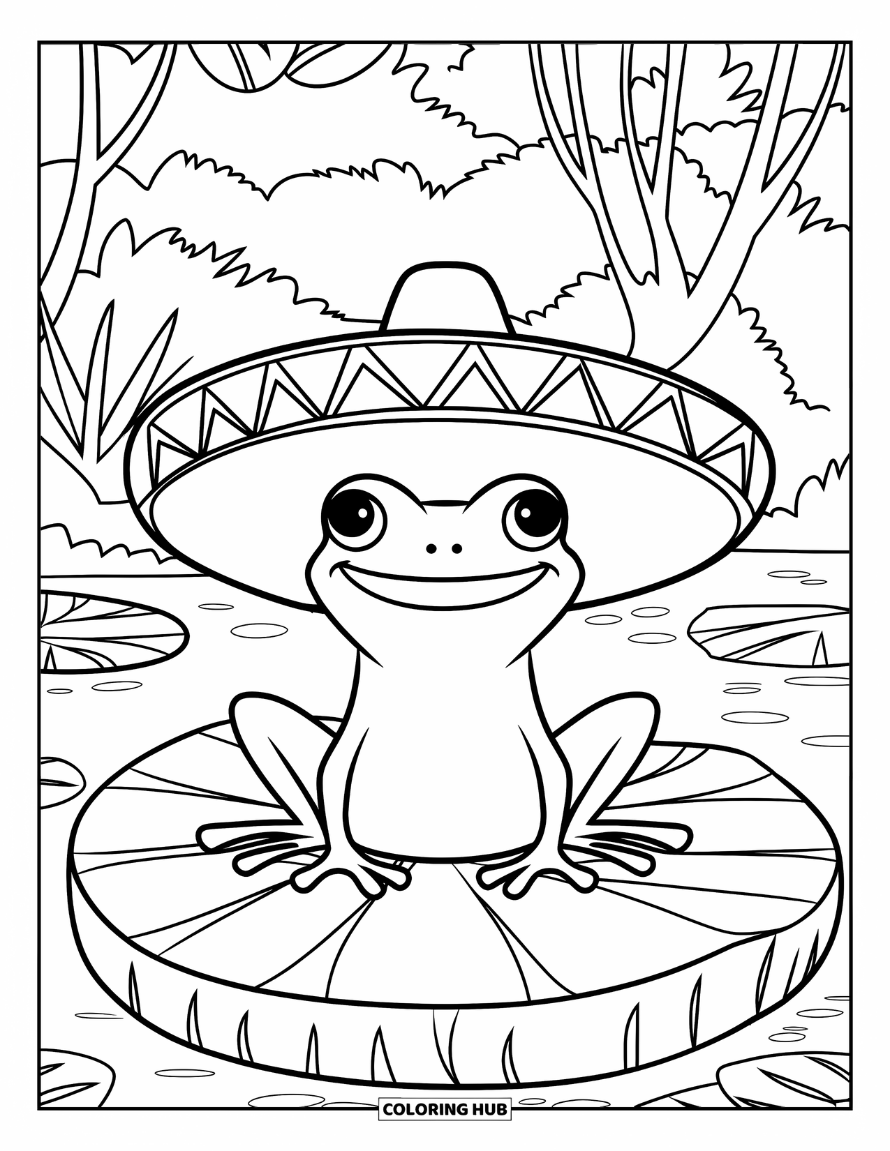 Puerto Rico Coloring Page for Kids: A happy coqui frog in a sombrero rests in a lush forest