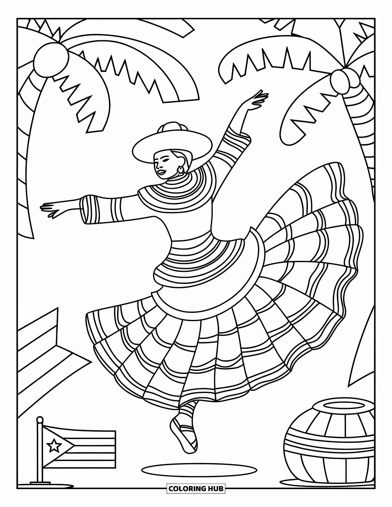 Puerto Rico Coloring Page for Kids: A lively dancer leaps mid-spin with Puerto Rican symbols around