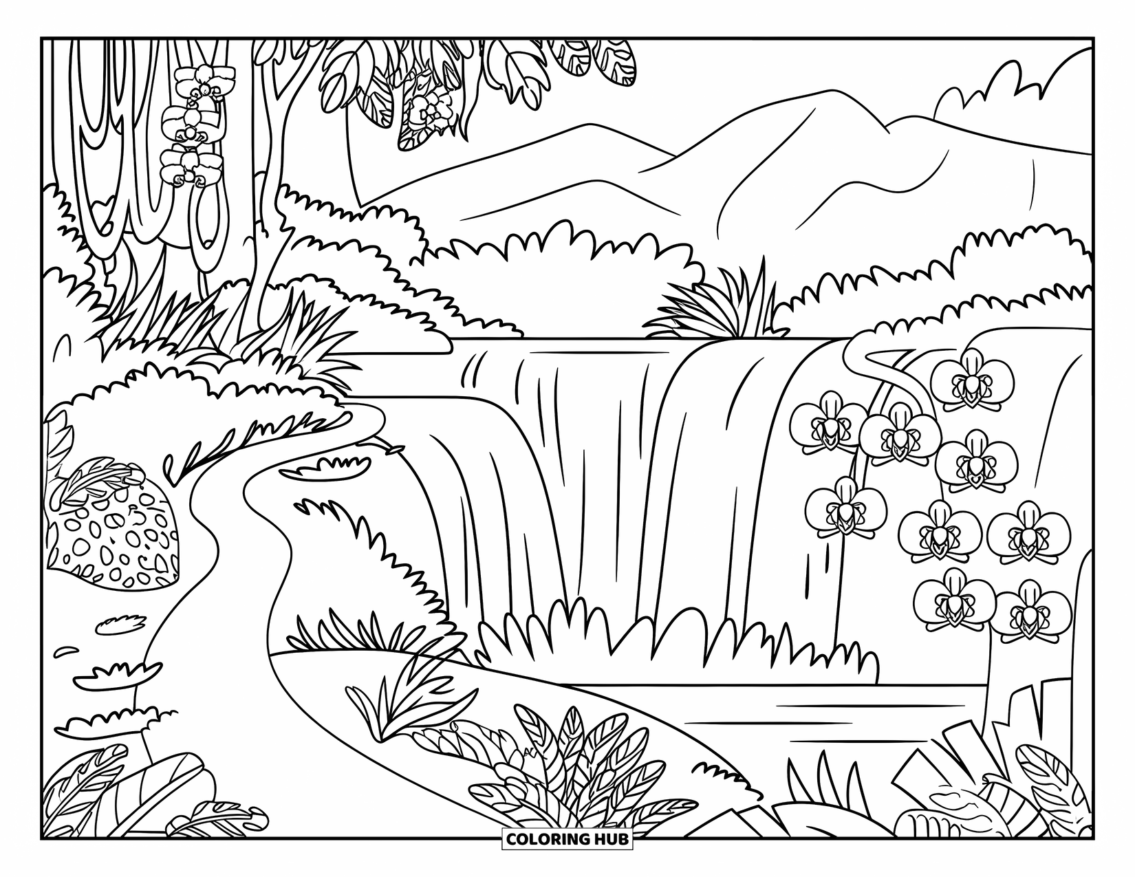 Puerto Rico Coloring Page for Kids: A lush trail in El Yunque winds past waterfalls and blooming orchids