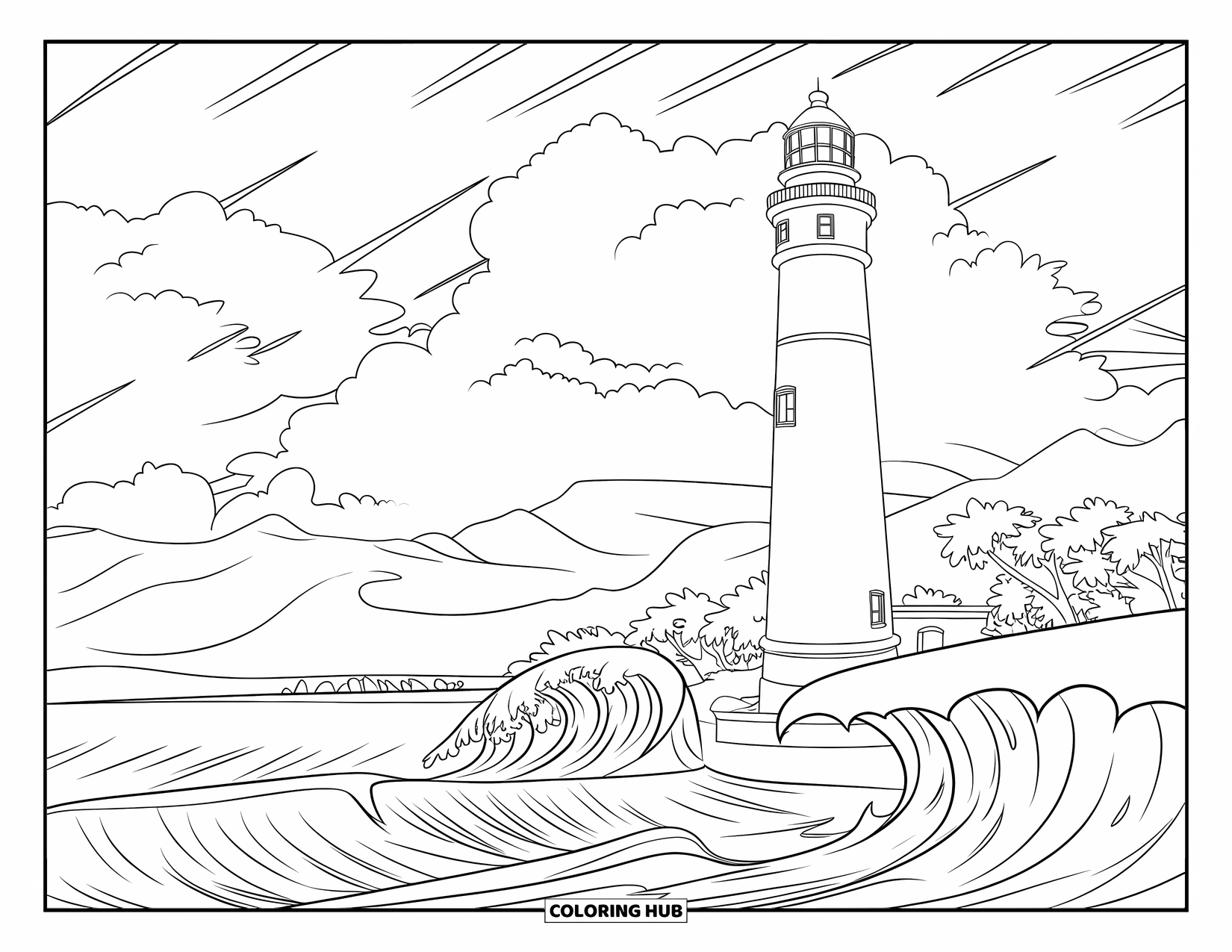 Puerto Rico Coloring Page for Kids: A Puerto Rican lighthouse faces fierce waves under dark, stormy clouds