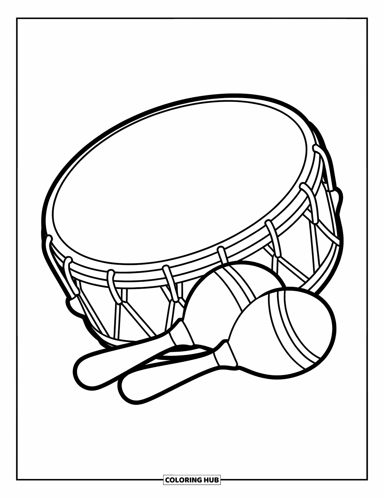Puerto Rico Coloring Page for Kids: A round drum and two maracas sit side by side