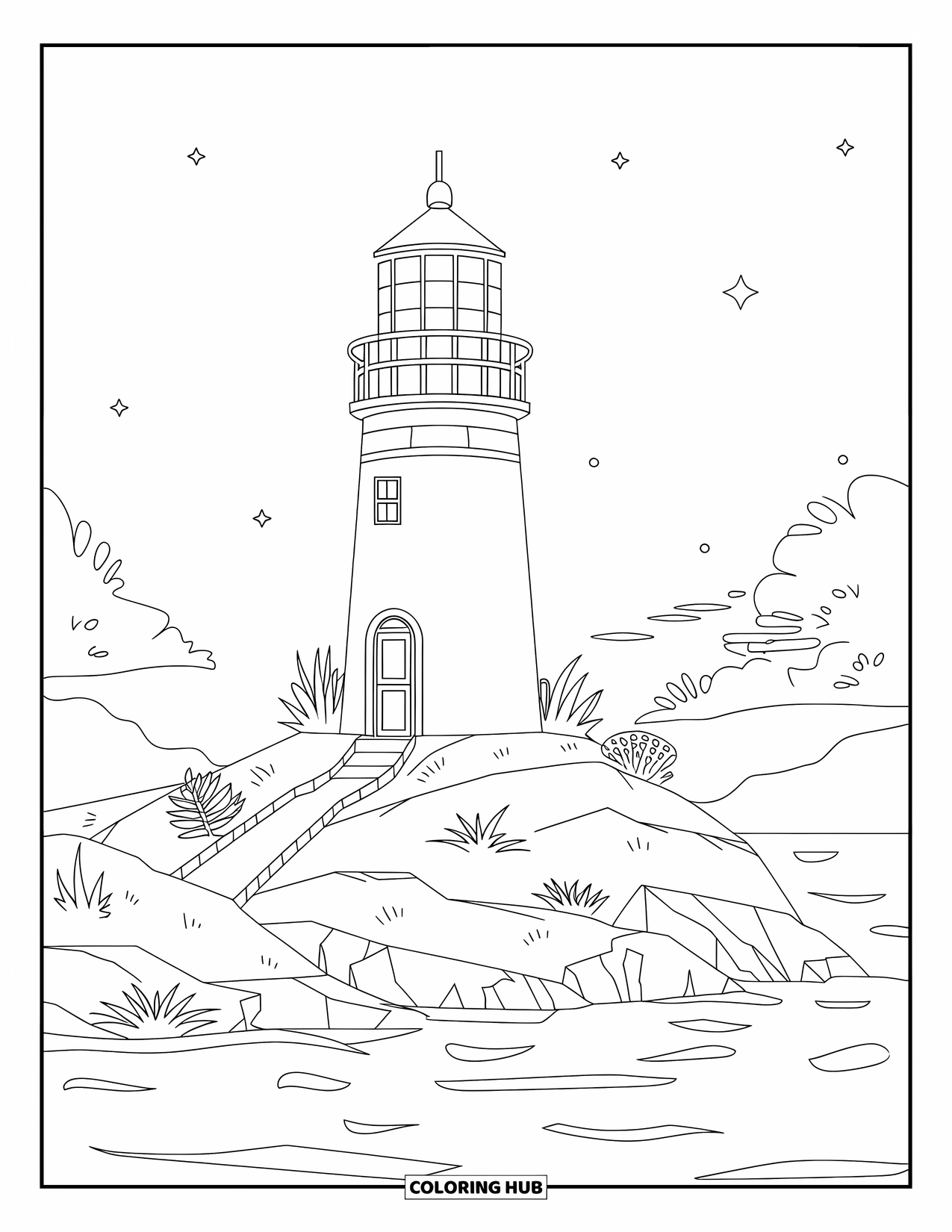 Puerto Rico Coloring Page for Kids: A simple lighthouse with stars and waves shines over calm waters
