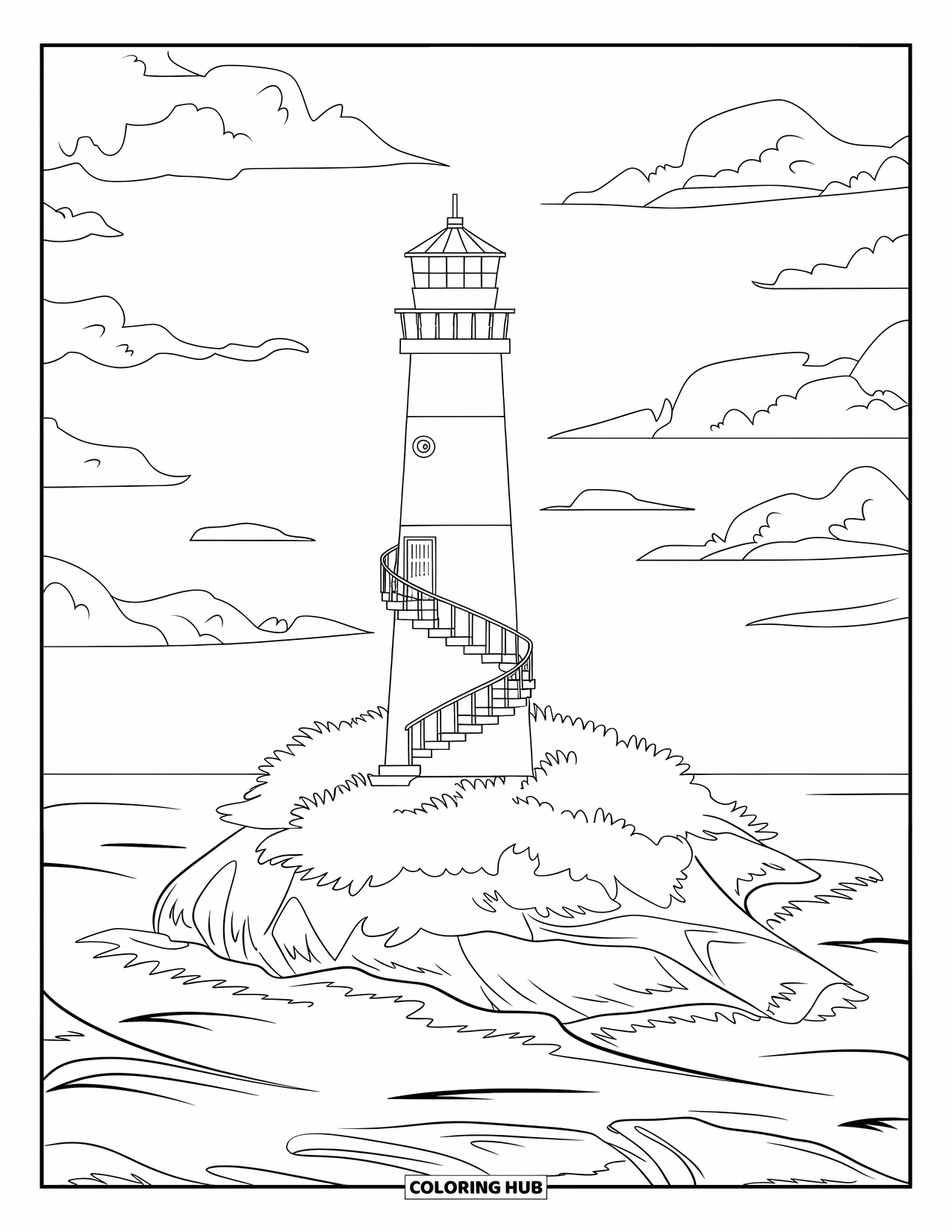 Puerto Rico Coloring Page for Kids: A small lighthouse stands on a rocky island surrounded by waves
