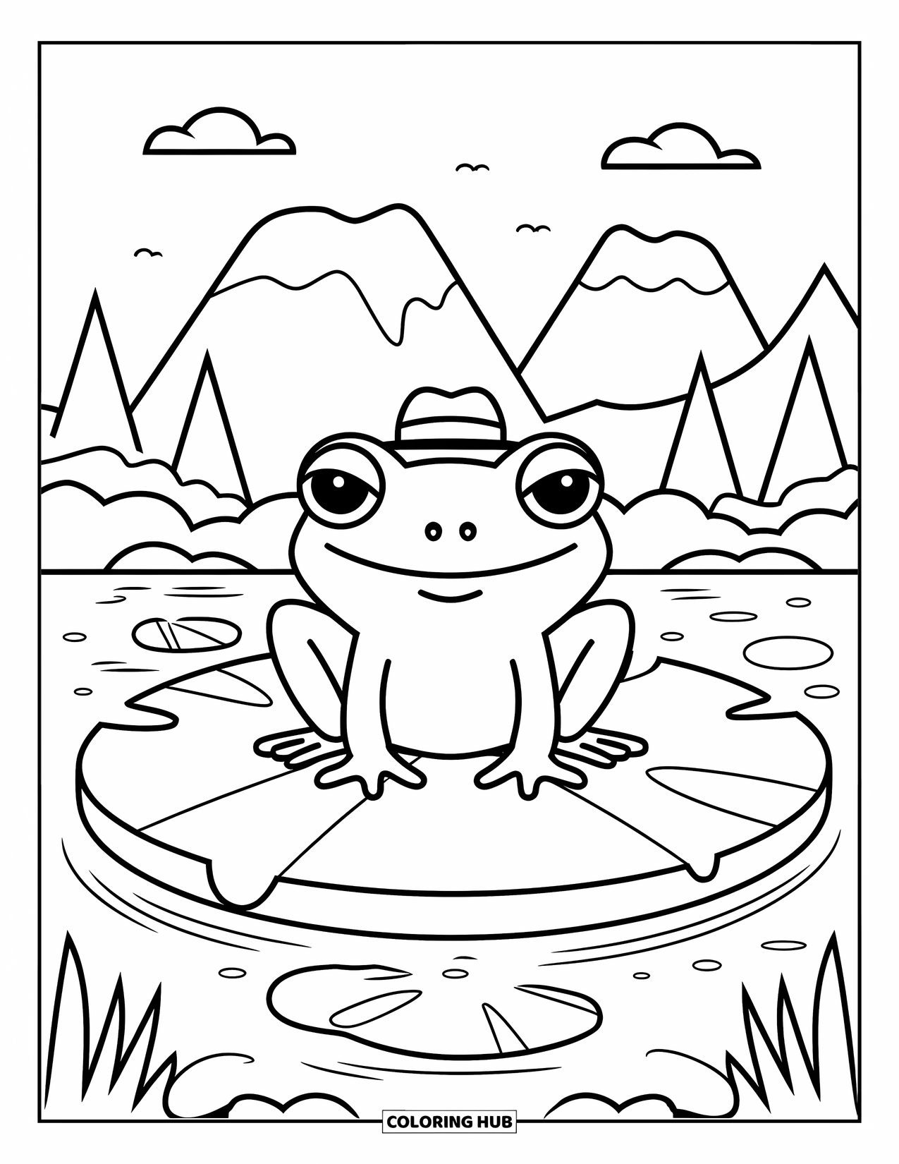 Puerto Rico Coloring Page for Kids: A smiling coqui frog on a lily pad enjoys a mountain view