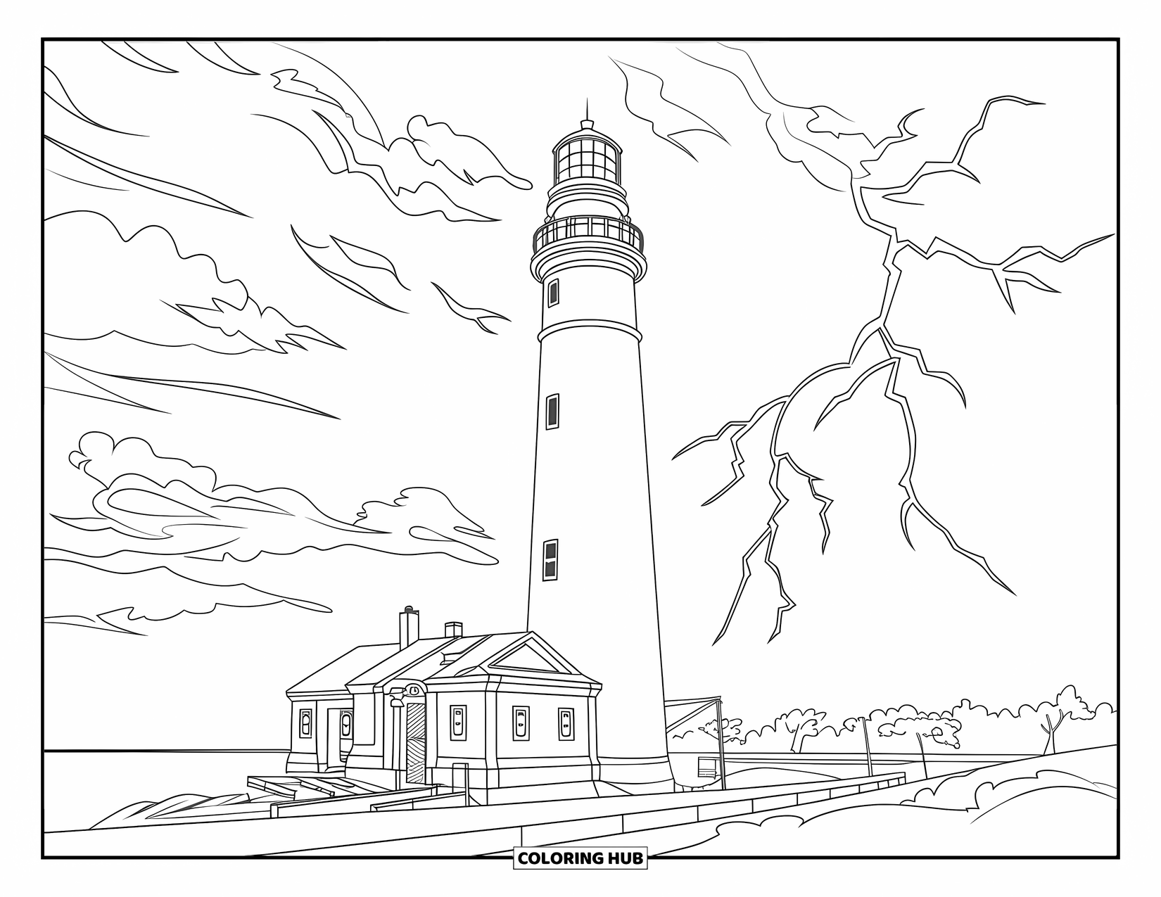 Puerto Rico Coloring Page for Kids: A storm-battered lighthouse in Puerto Rico stands tall against crashing waves