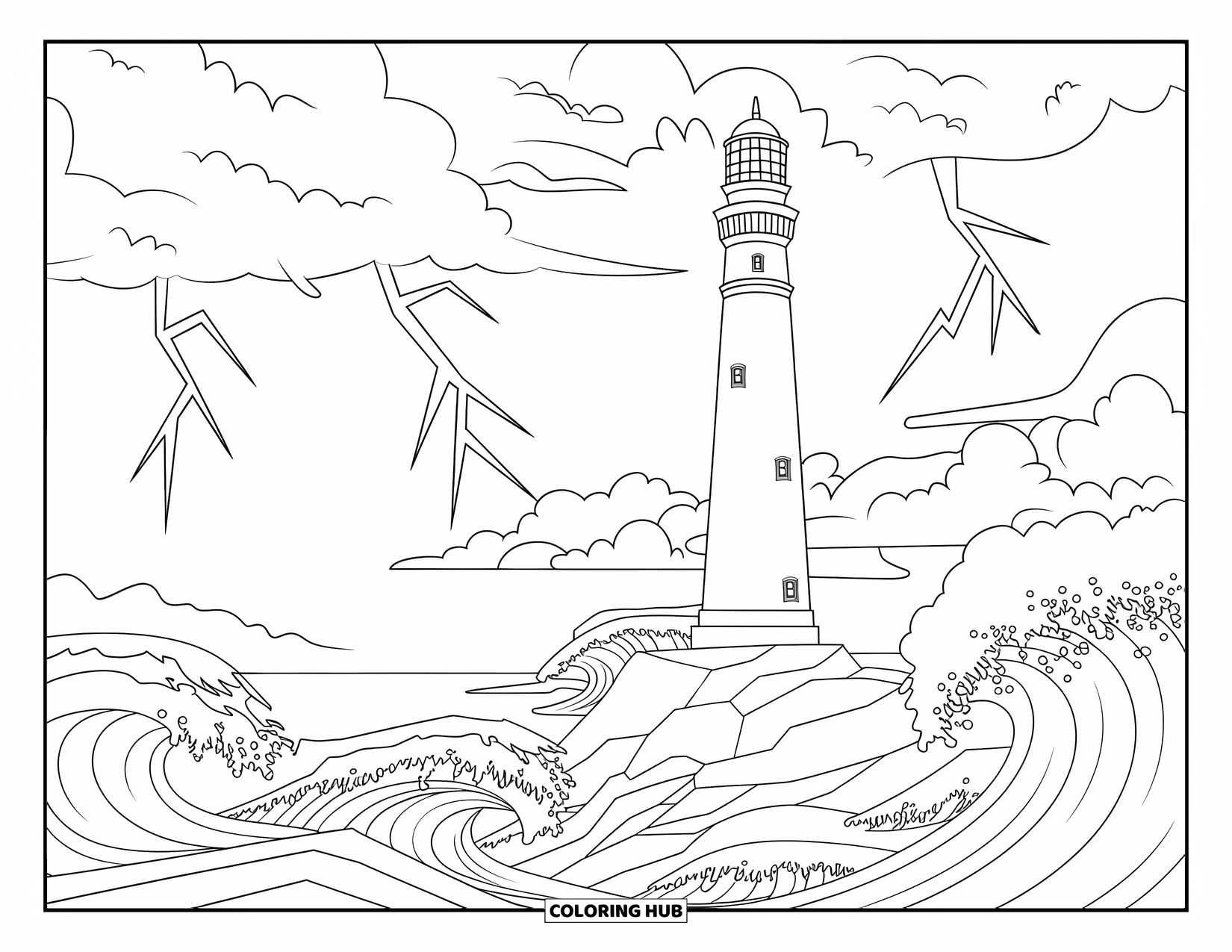Puerto Rico Coloring Page for Kids: A weathered lighthouse stands strong amid lightning and crashing seas