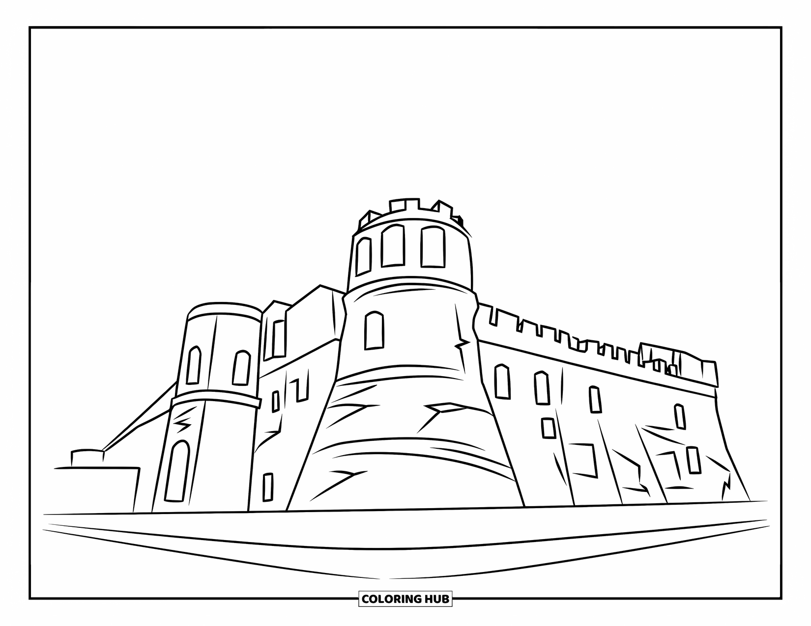 Puerto Rico Coloring Page for Kids: El Morro castle stands tall above Puerto Rico's sparkling sea