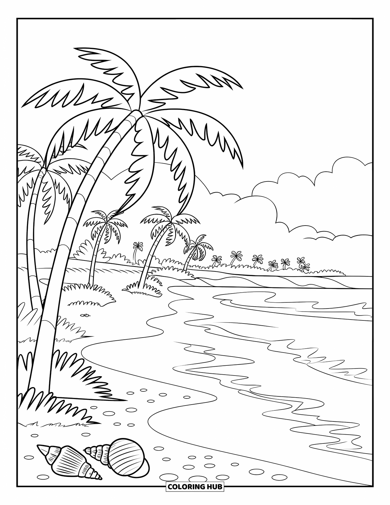Puerto Rico Coloring Page for Kids: Foamy waves and seashells fill a bright tropical Puerto Rican beach