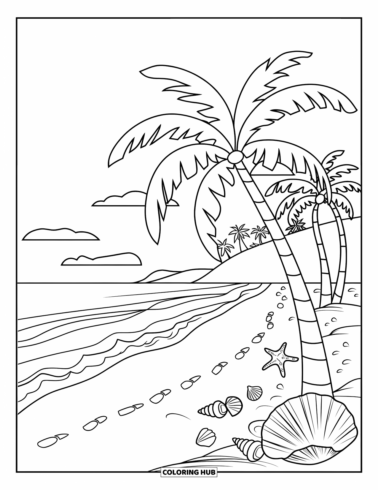 Puerto Rico Coloring Page for Kids: Palm trees and seashells scatter across a warm Puerto Rican shore
