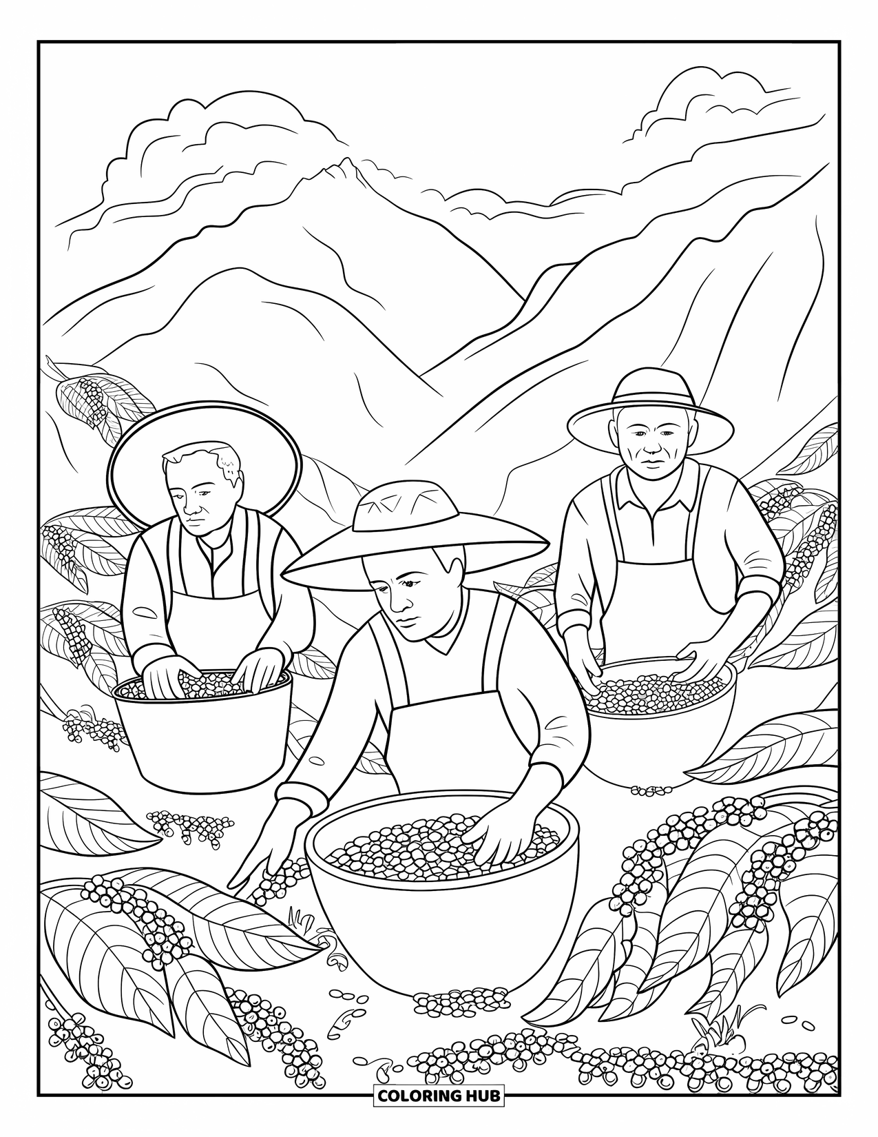 Puerto Rico Coloring Page for Kids: Smiling farmers gather ripe coffee beans in Puerto Rico's mountains
