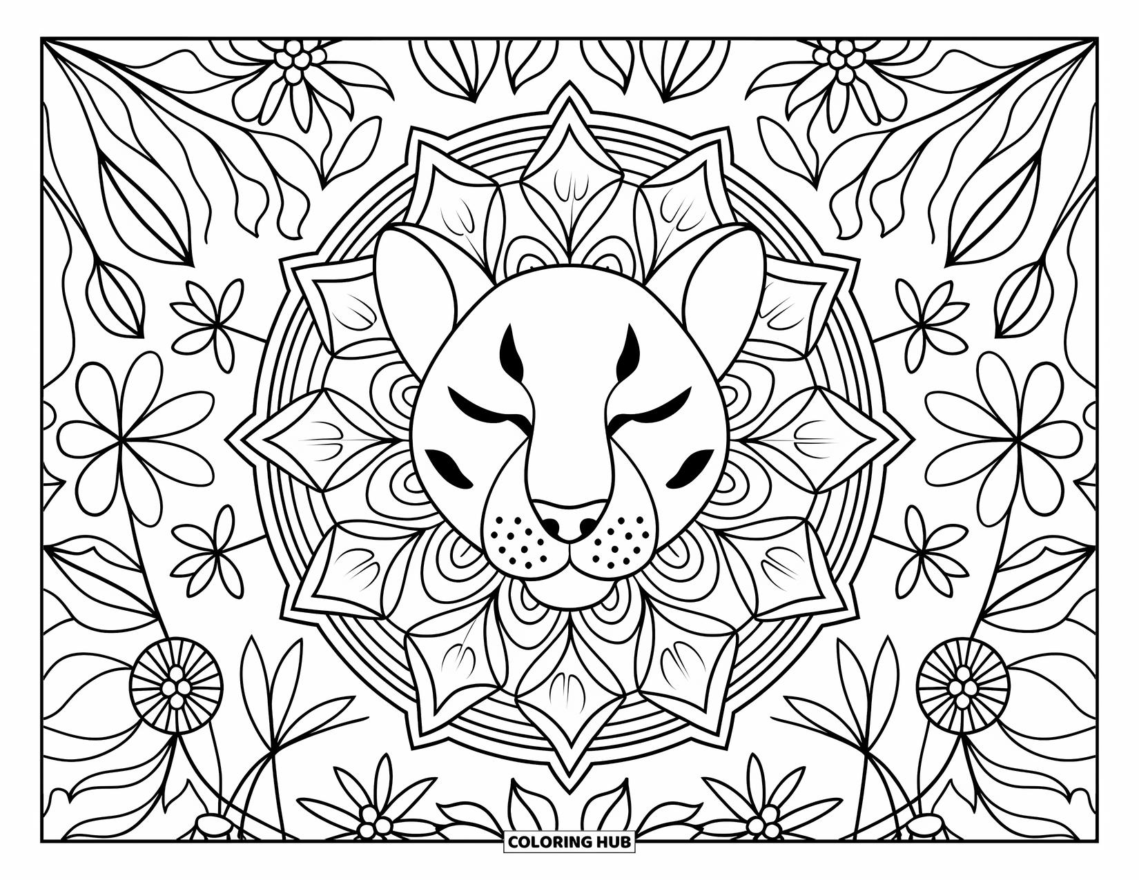 Puma Coloring Page for Adults: A calm puma in a floral mandala is surrounded by flowers and leafy patterns