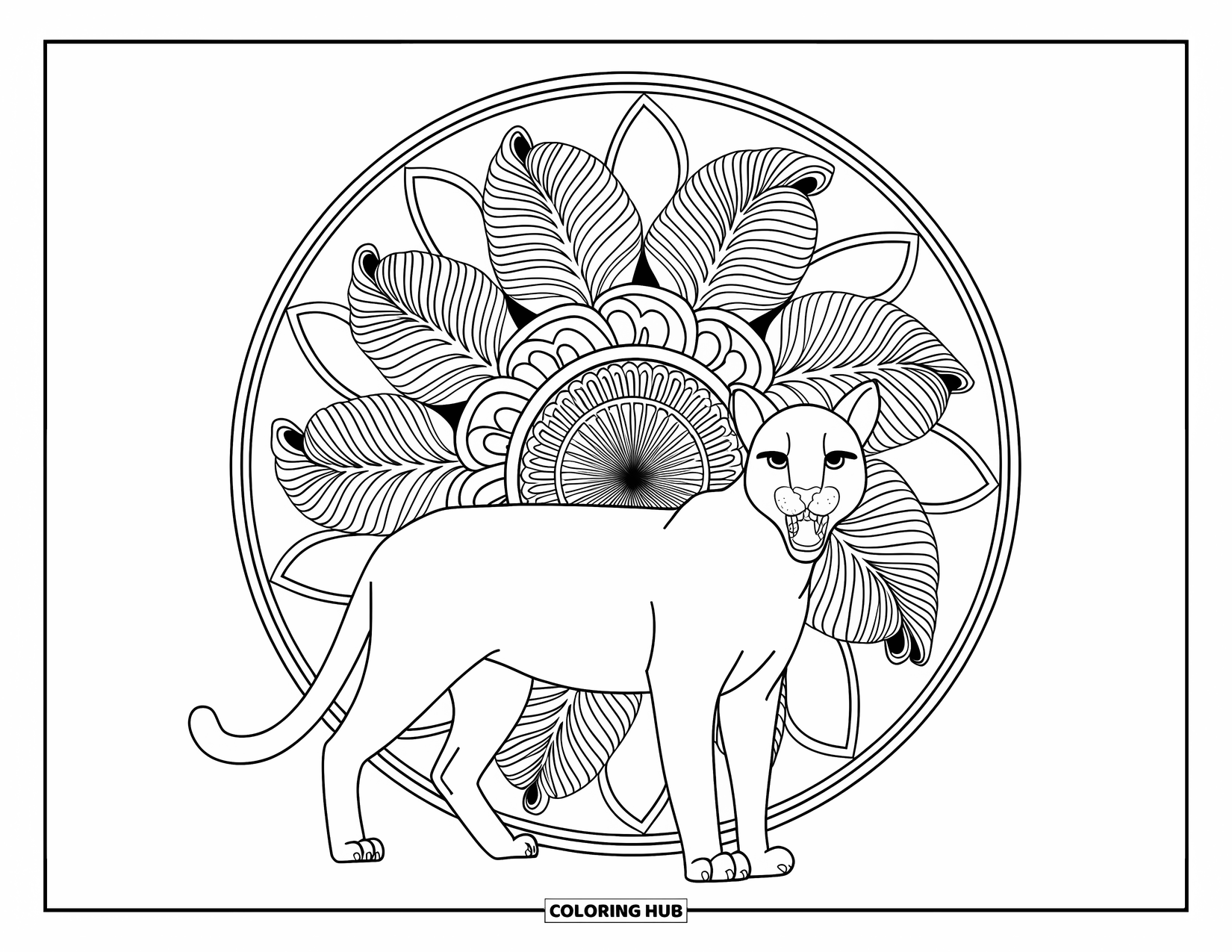 Puma Coloring Page for Adults: A fierce puma stands within layered ferns forming a swirling mandala behind it