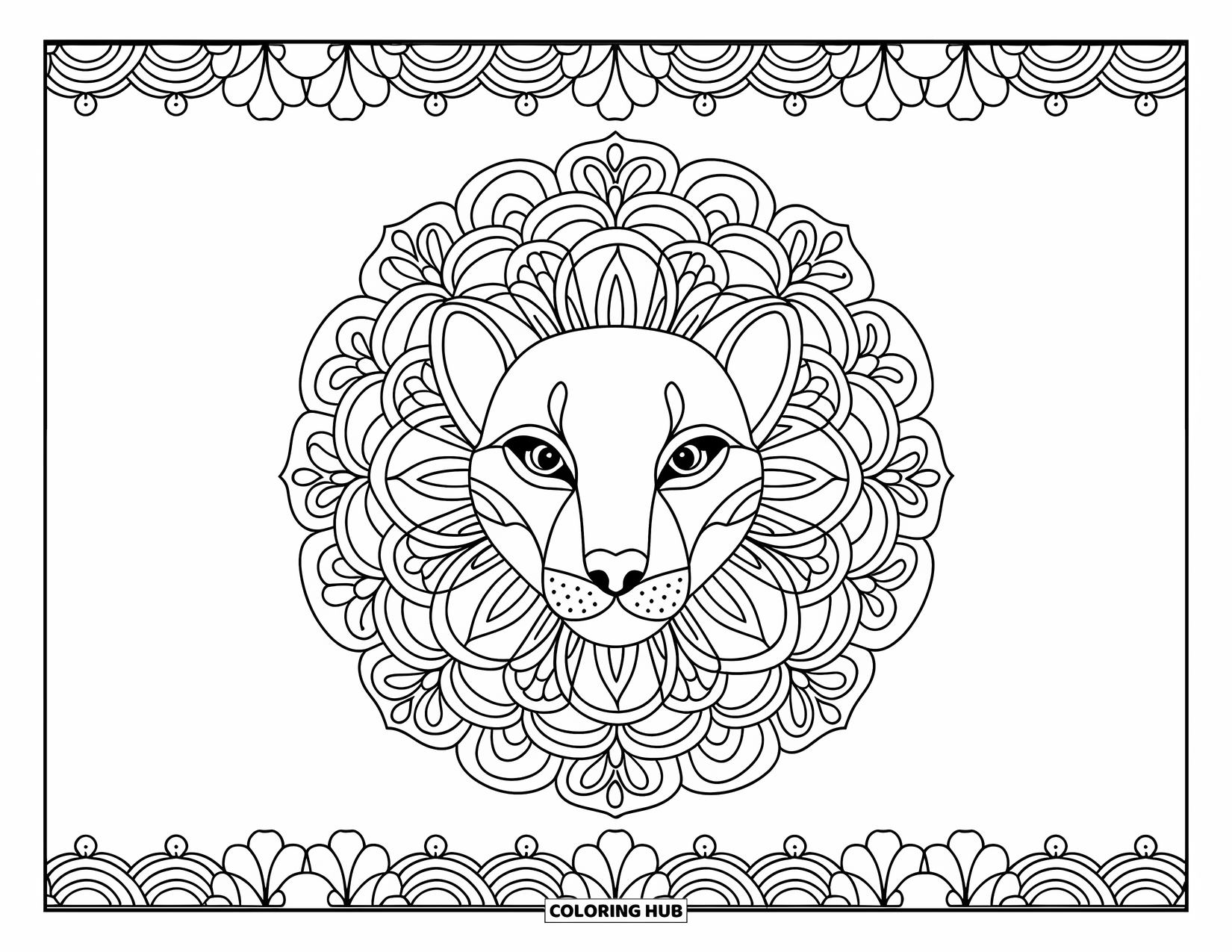 Puma Coloring Page for Adults: A puma face blooms at the heart of a floral mandala full of patterns