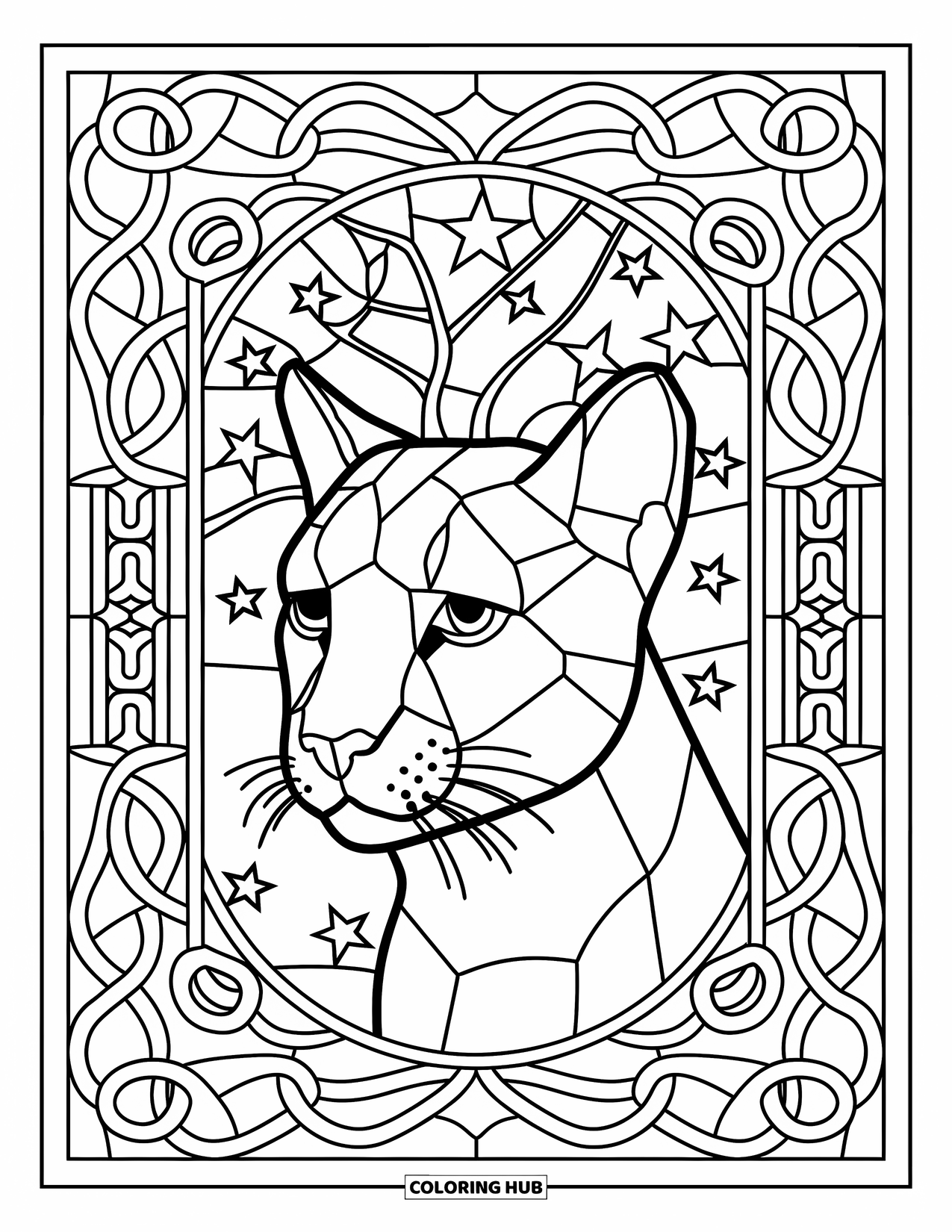 Puma Coloring Page for Adults: A puma head glows inside a stained glass frame with tree branches and shining stars
