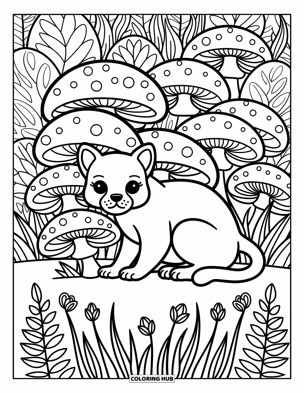 Puma Coloring Page for Adults: A puma hides behind spotted mushrooms with wide eyes and ears perked in curiosity
