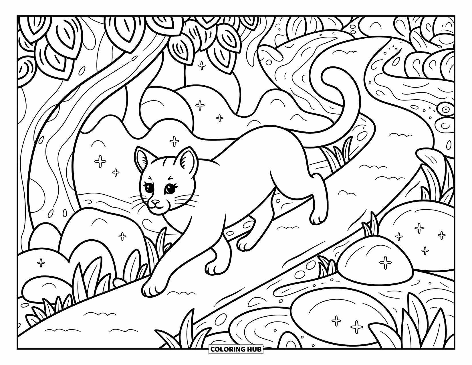 Puma Coloring Page for Adults: A puma walks gently through a swirly forest filled with sparkles, leaves, and soft curves