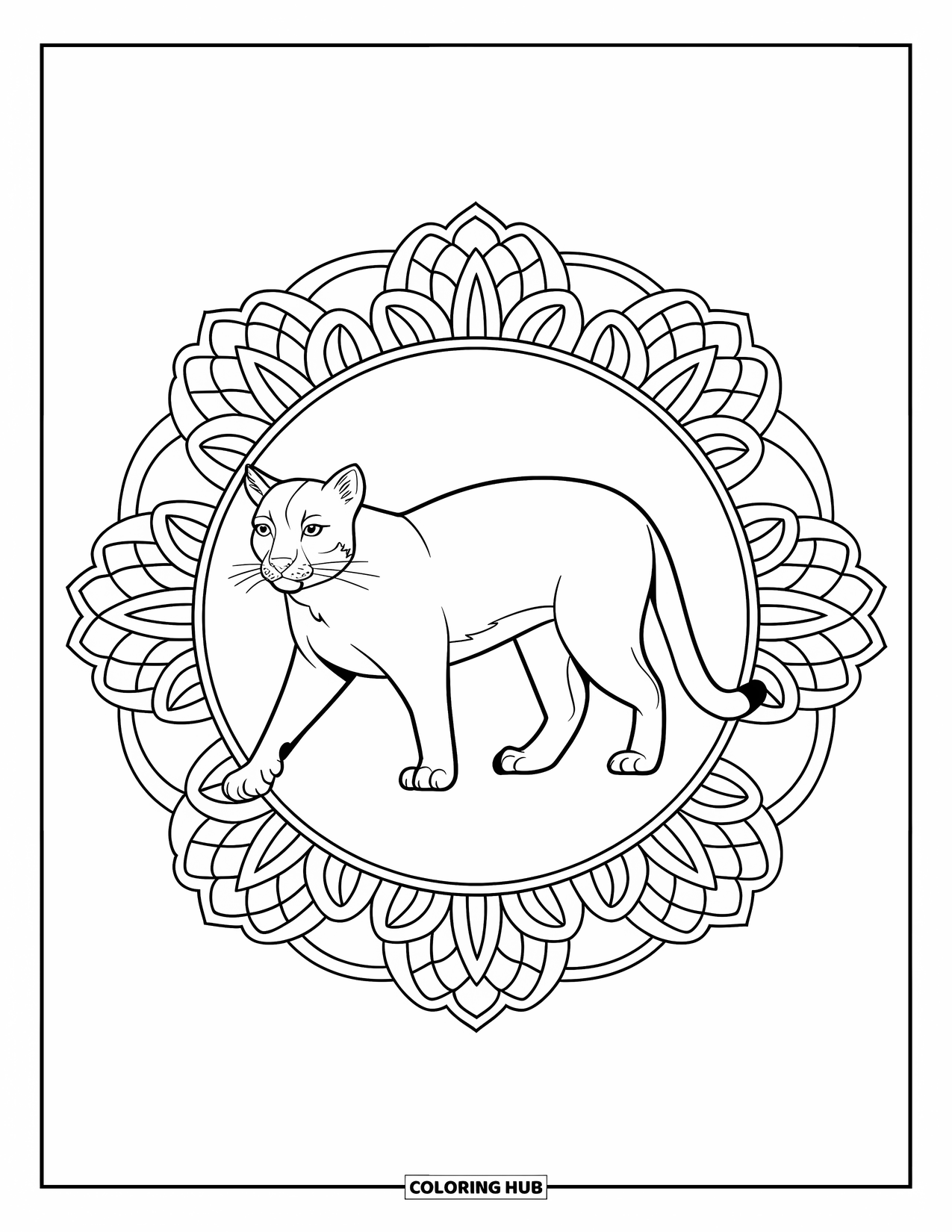 Puma Coloring Page for Adults: A puma walks within lotus mandala petals that ripple with intricate floral designs
