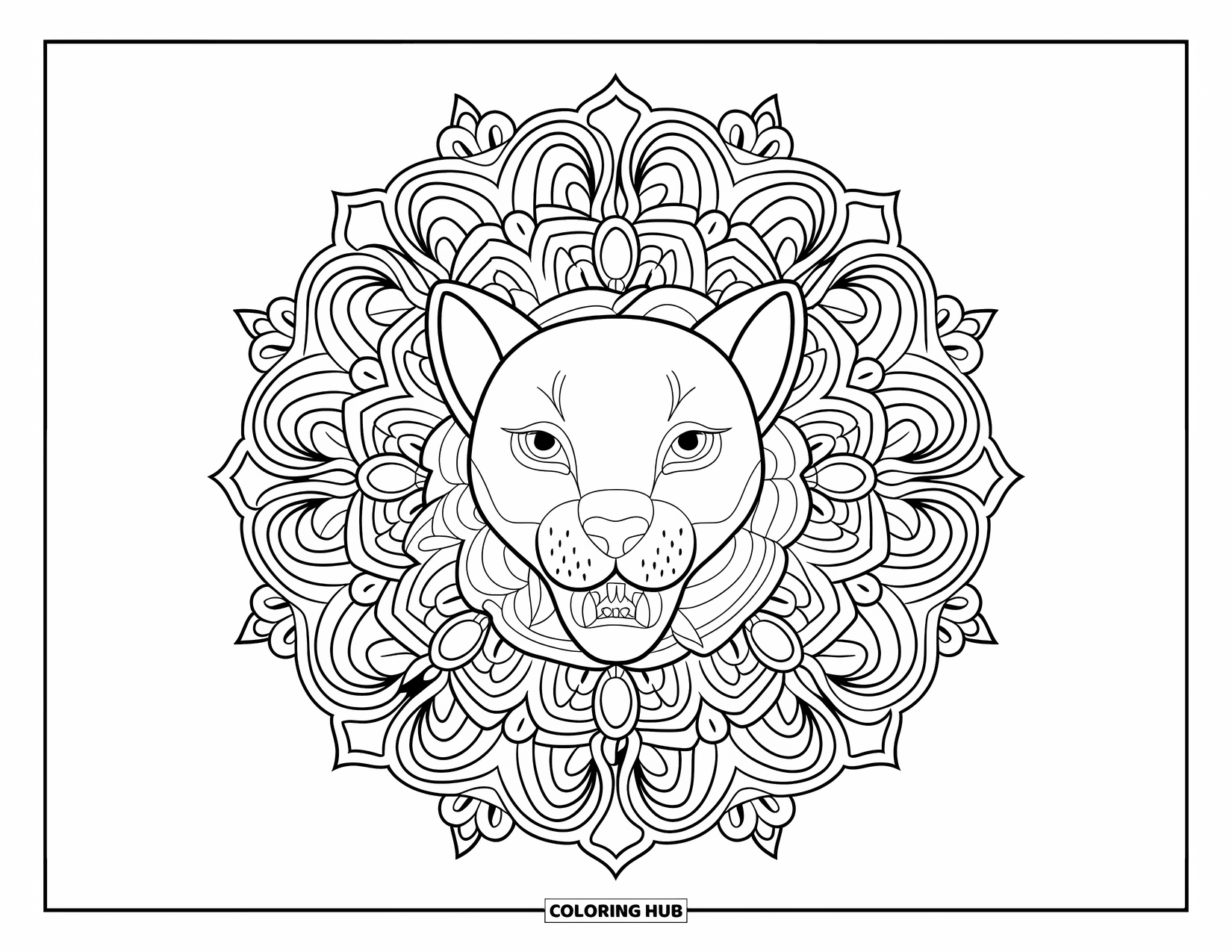 Puma Coloring Page for Adults: A roaring puma rests inside a mandala of swirling flowers, vines, and leaves
