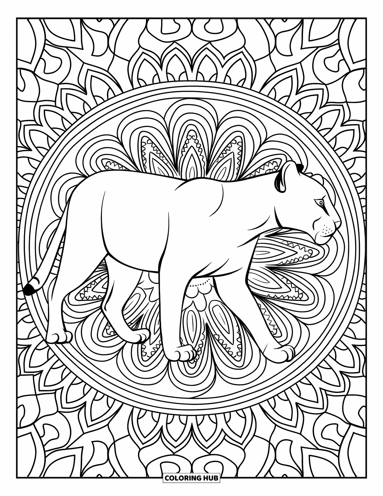 Puma Coloring Page for Adults: A walking puma moves through a detailed lotus mandala filled with swirling petal shapes