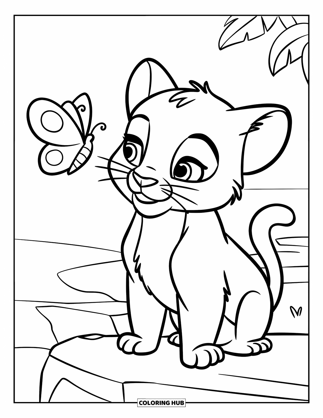 Puma Coloring Page for Kids: A baby puma sits on a rock and stares up at a butterfly