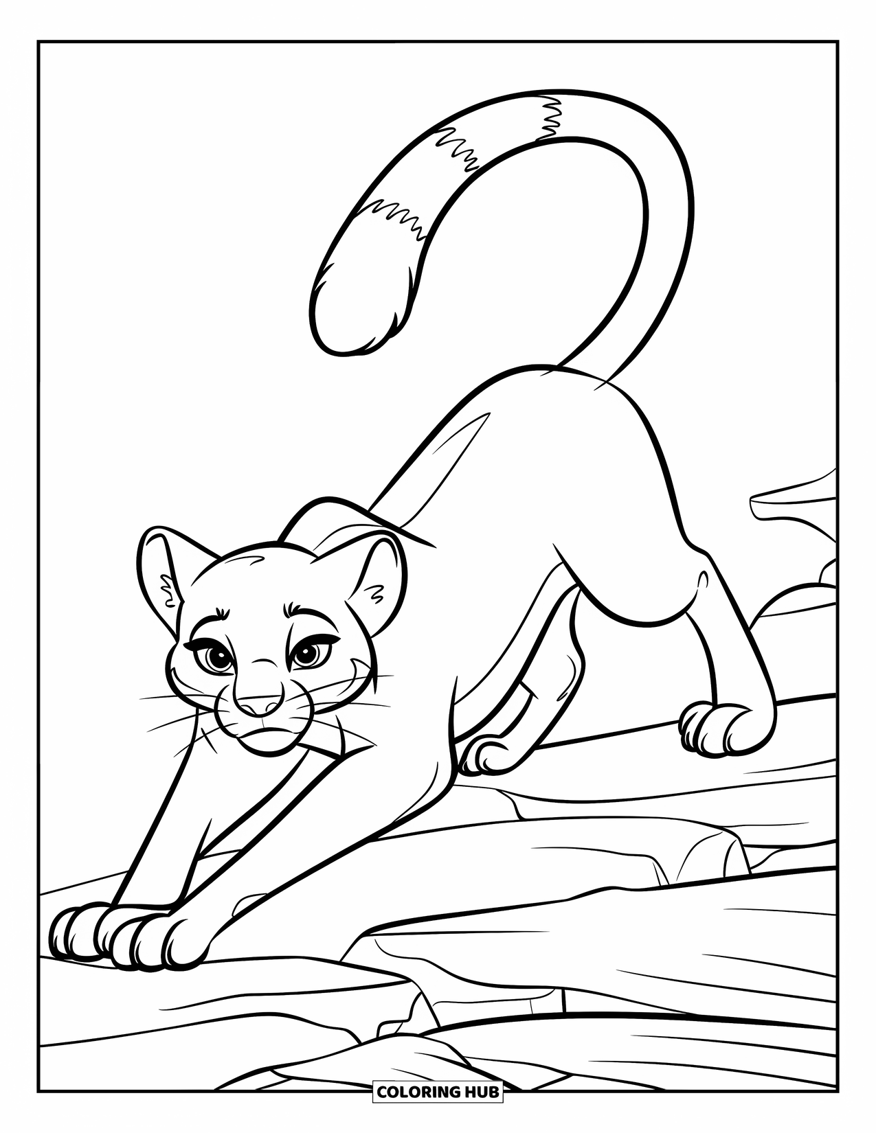 Puma Coloring Page for Kids: A cheerful puma stretches on a rock, tail long and curled