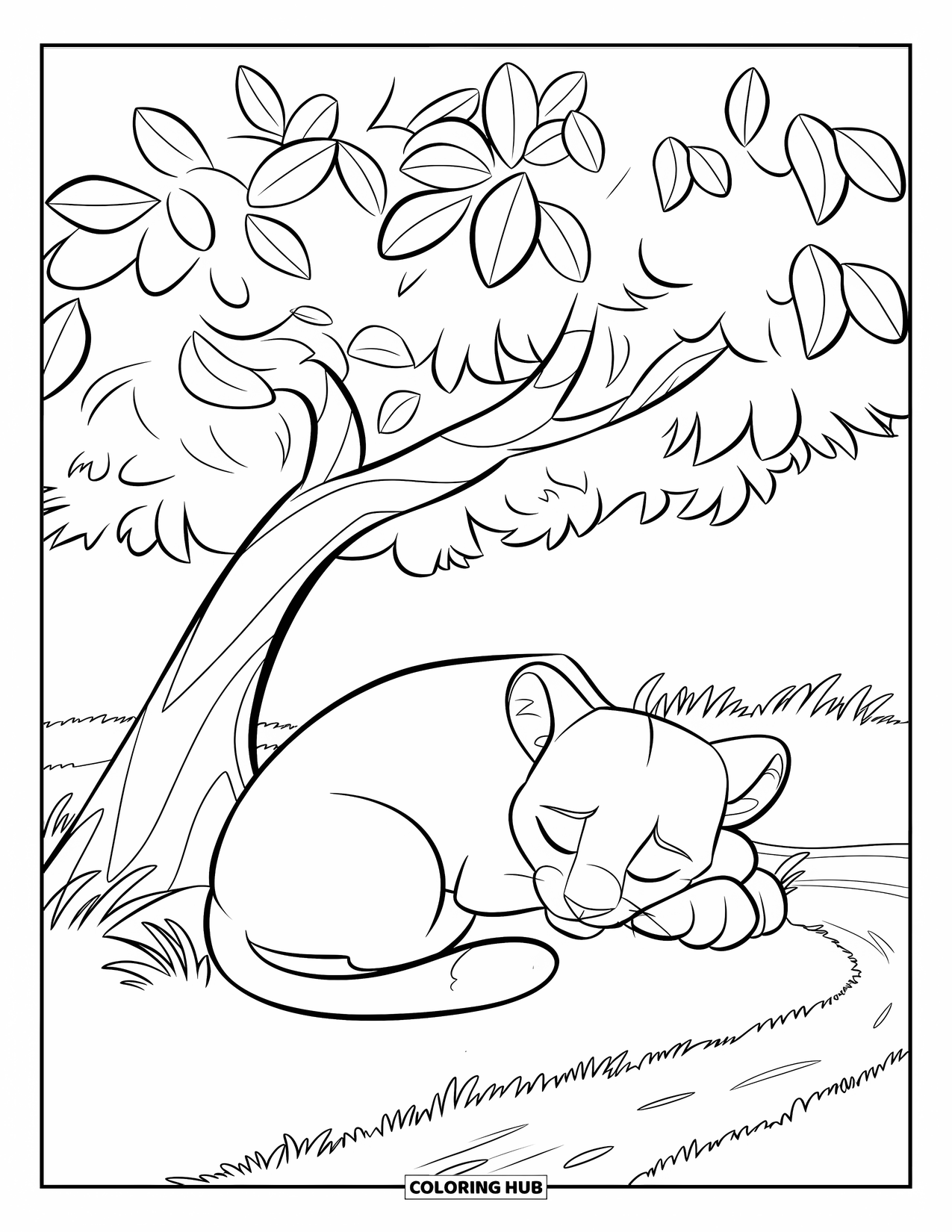 Puma Coloring Page for Kids: A curled-up puma rests beneath a tree with big round leaves