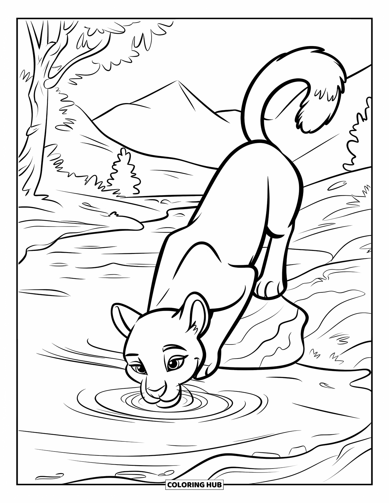 Puma Coloring Page for Kids: A fluffy-tailed puma drinks calmly from a rocky mountain stream