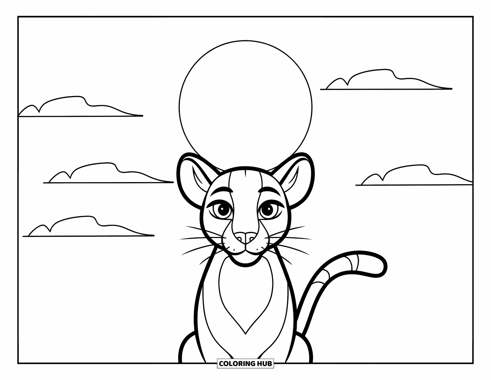 Puma Coloring Page for Kids: A peaceful puma stands under the moon, surrounded by soft clouds