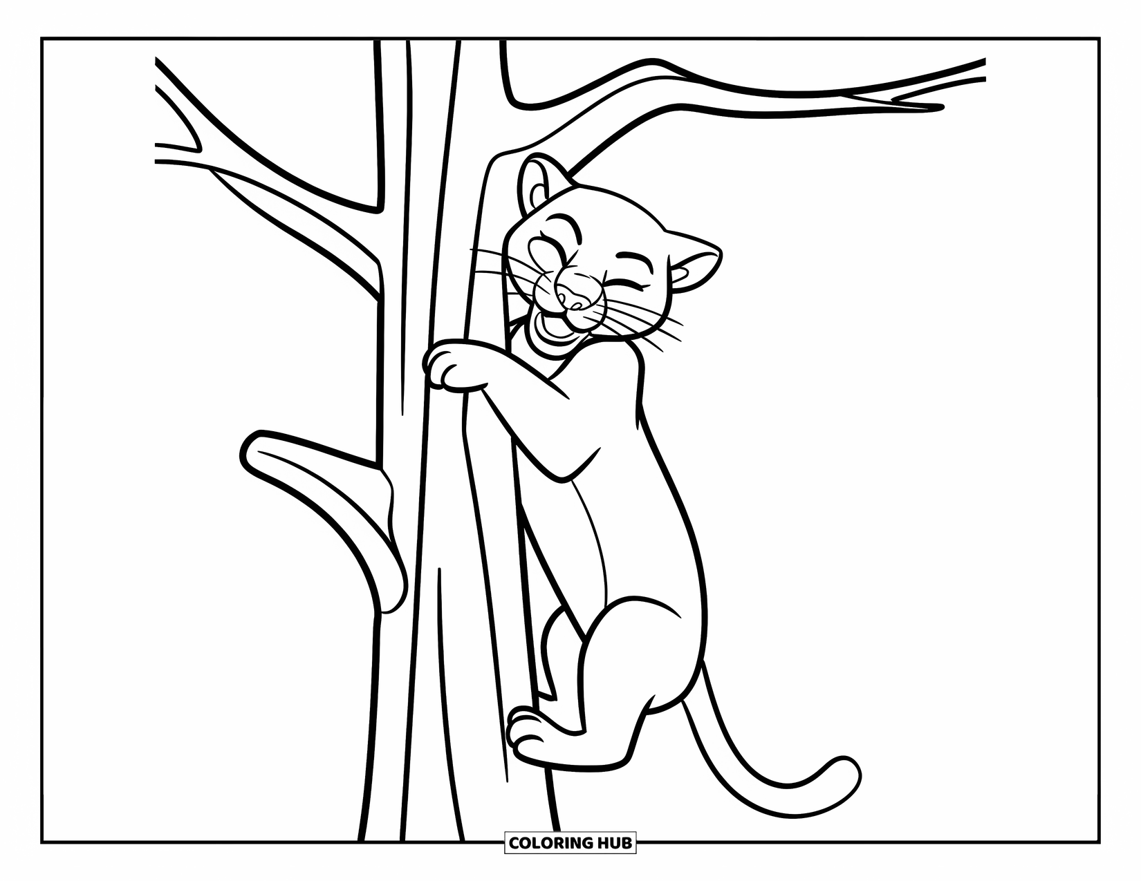 Puma Coloring Page for Kids: A puma climbs a simple tree with its mouth open and eyes shut