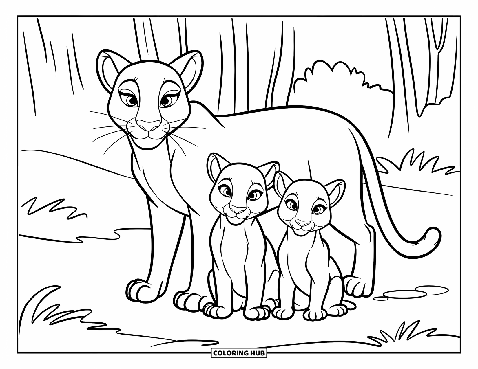 Puma Coloring Page for Kids: A puma family rests in the grass, surrounded by calm trees and open space