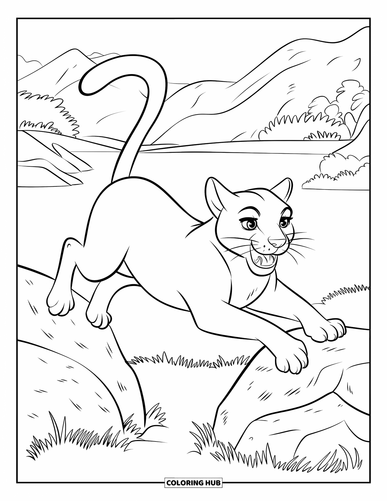 Puma Coloring Page for Kids: A puma jumps between two large rocks with trees and water in the background