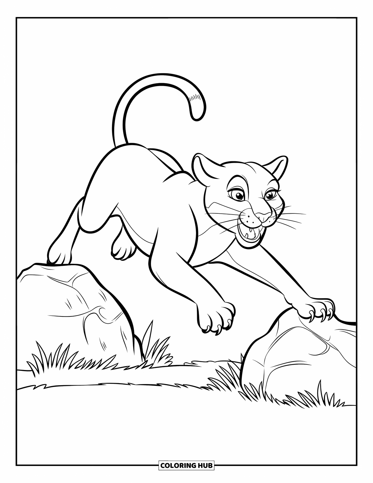 Puma Coloring Page for Kids: A puma leaps between rocks with grass beneath and paws stretched wide