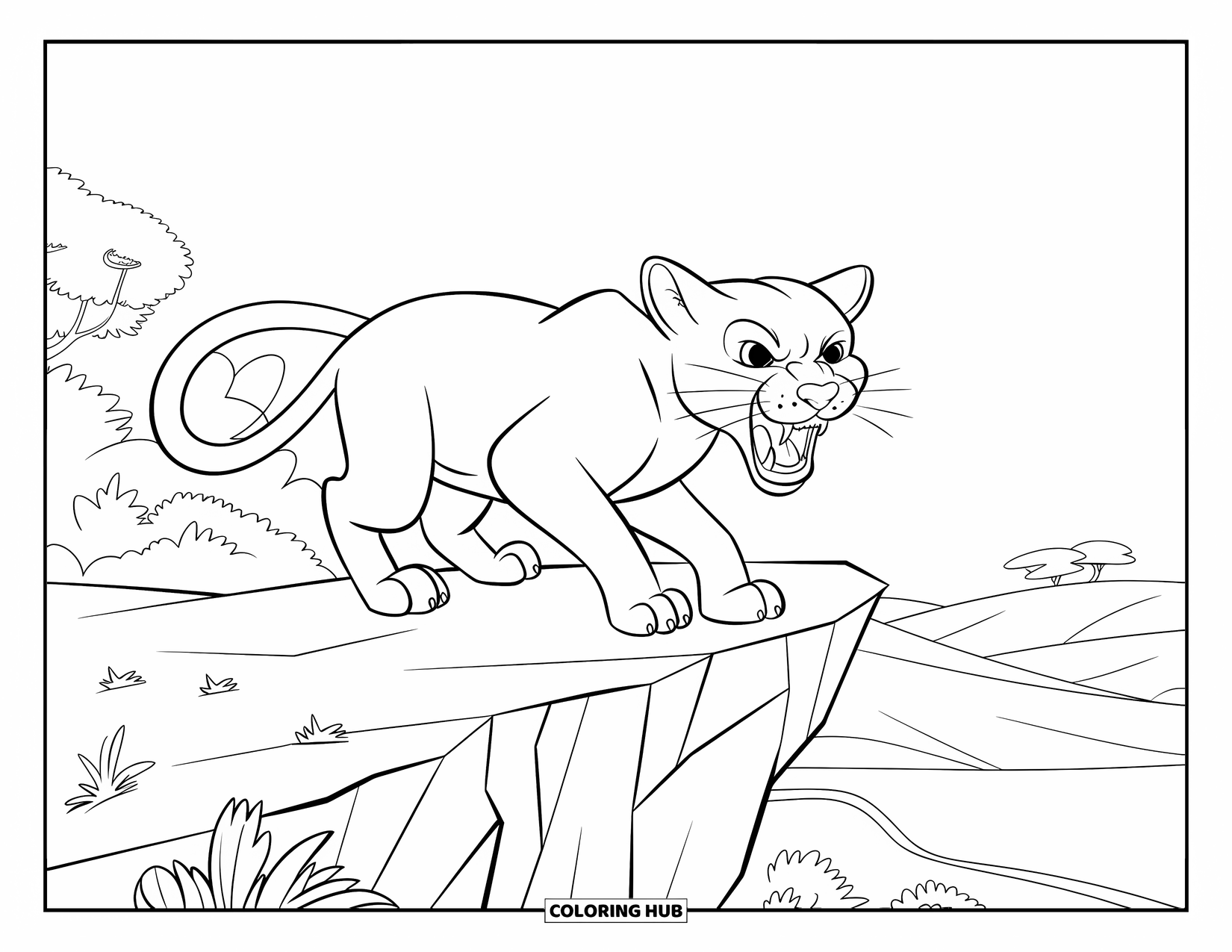 Puma Coloring Page for Kids: A puma roars from a rocky cliff with hills and sky beyond