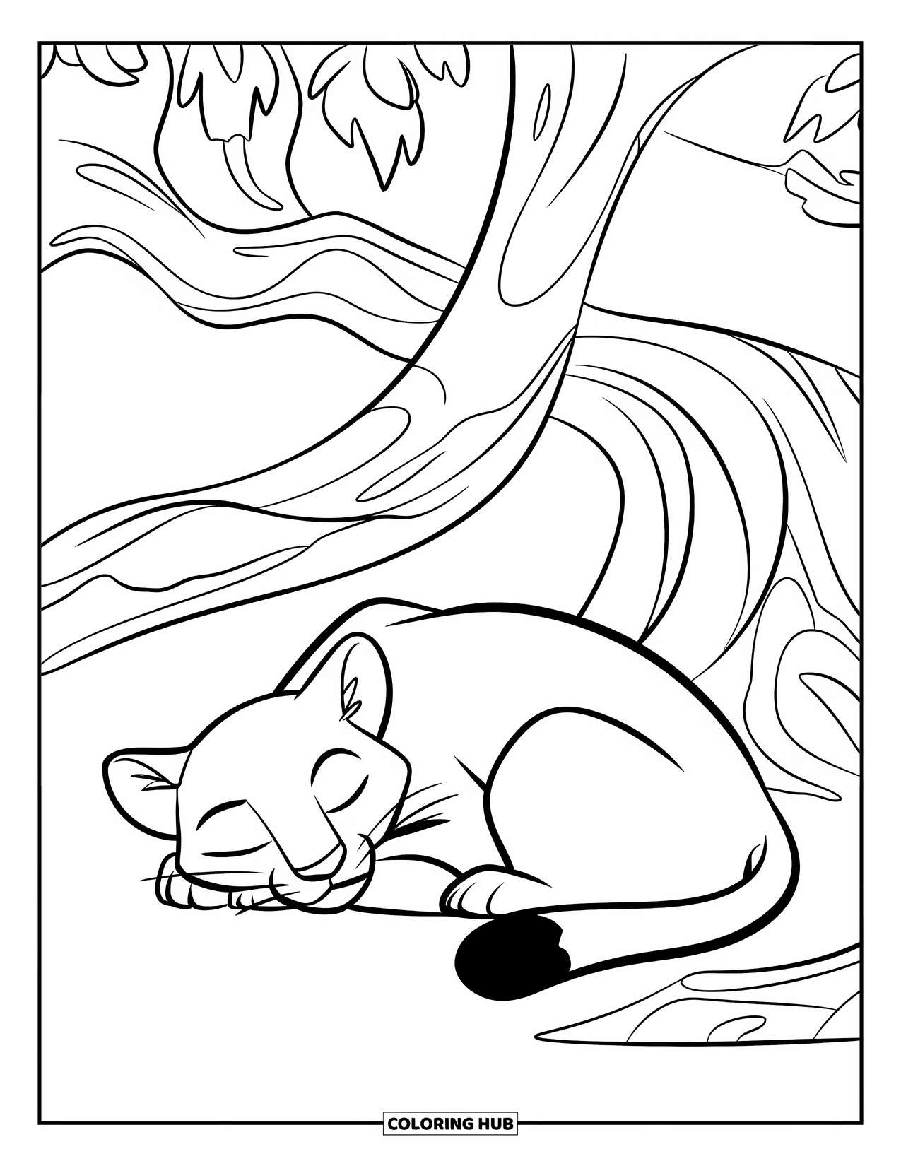 Puma Coloring Page for Kids: A puma sleeps peacefully under a curved tree on soft ground