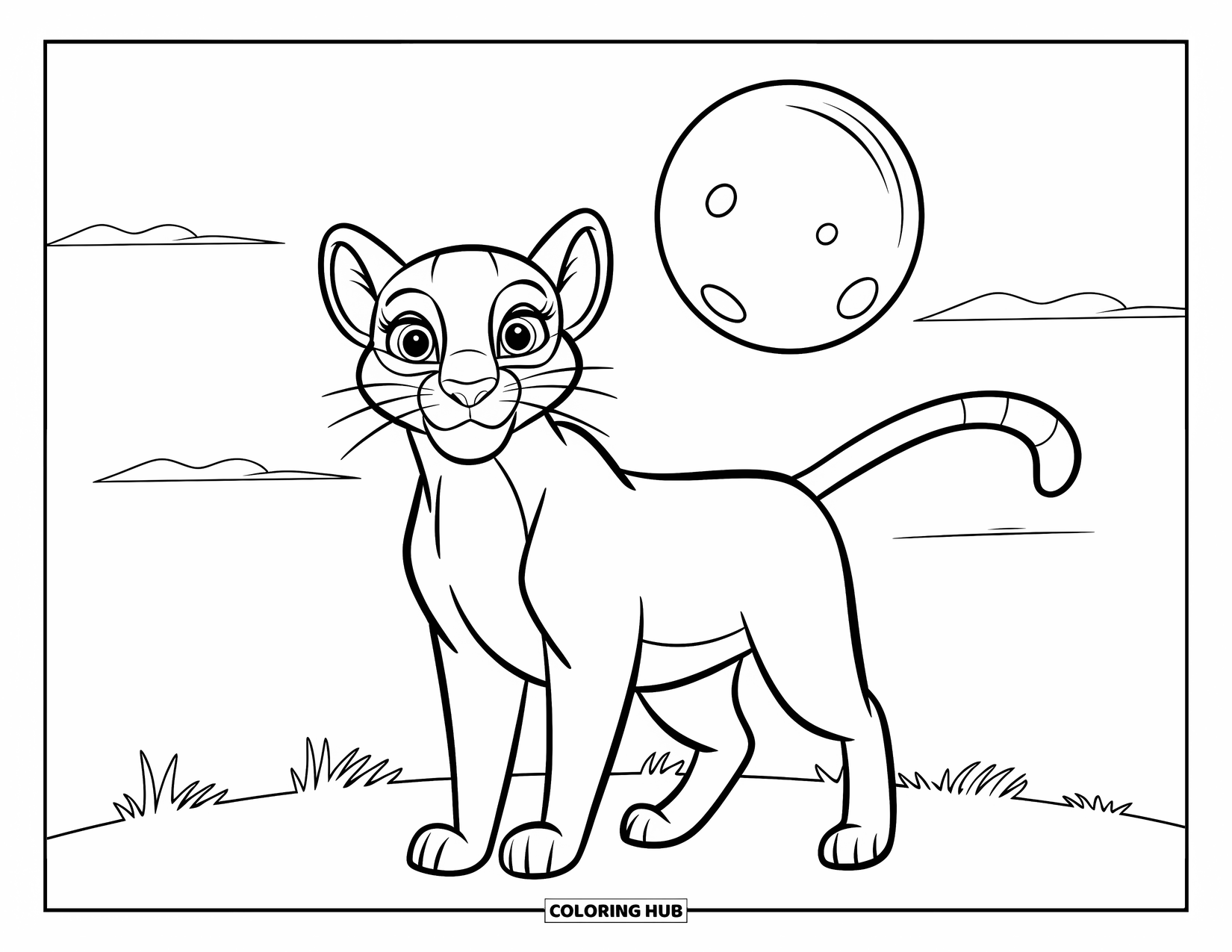 Puma Coloring Page for Kids: A puma stands proudly beneath a glowing moon and soft clouds