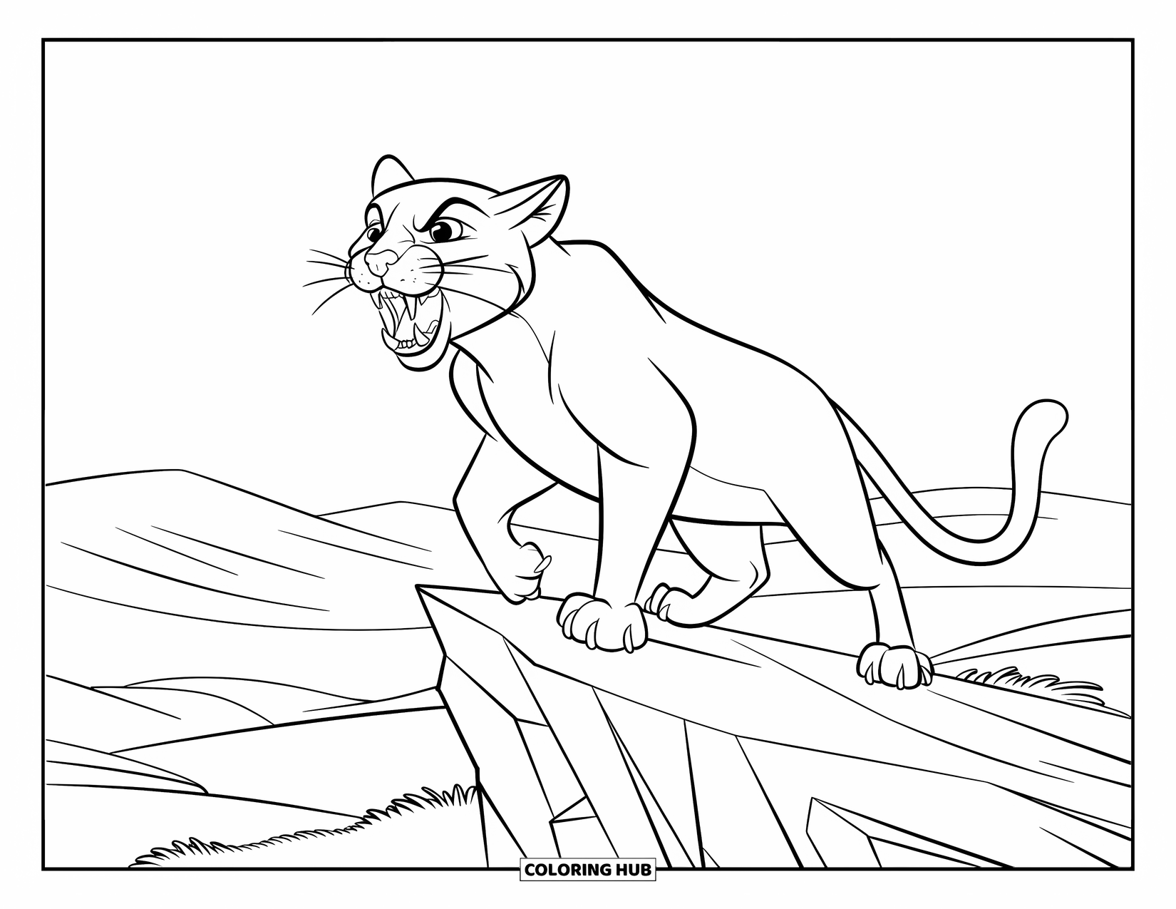 Puma Coloring Page for Kids: A roaring puma stands tall on a cliff, hills stretching out behind it