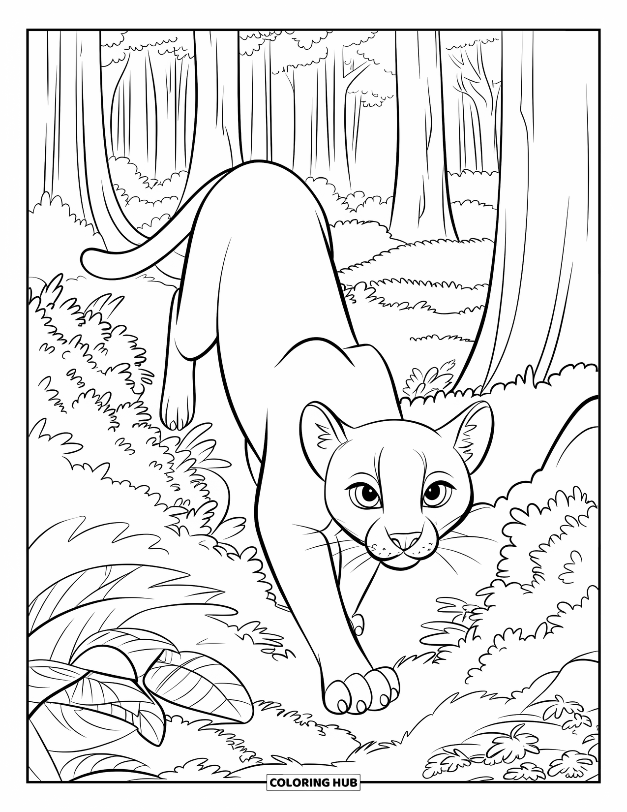 Puma Coloring Page for Kids: A sharp-eyed puma creeps through a forest filled with trees and rocks