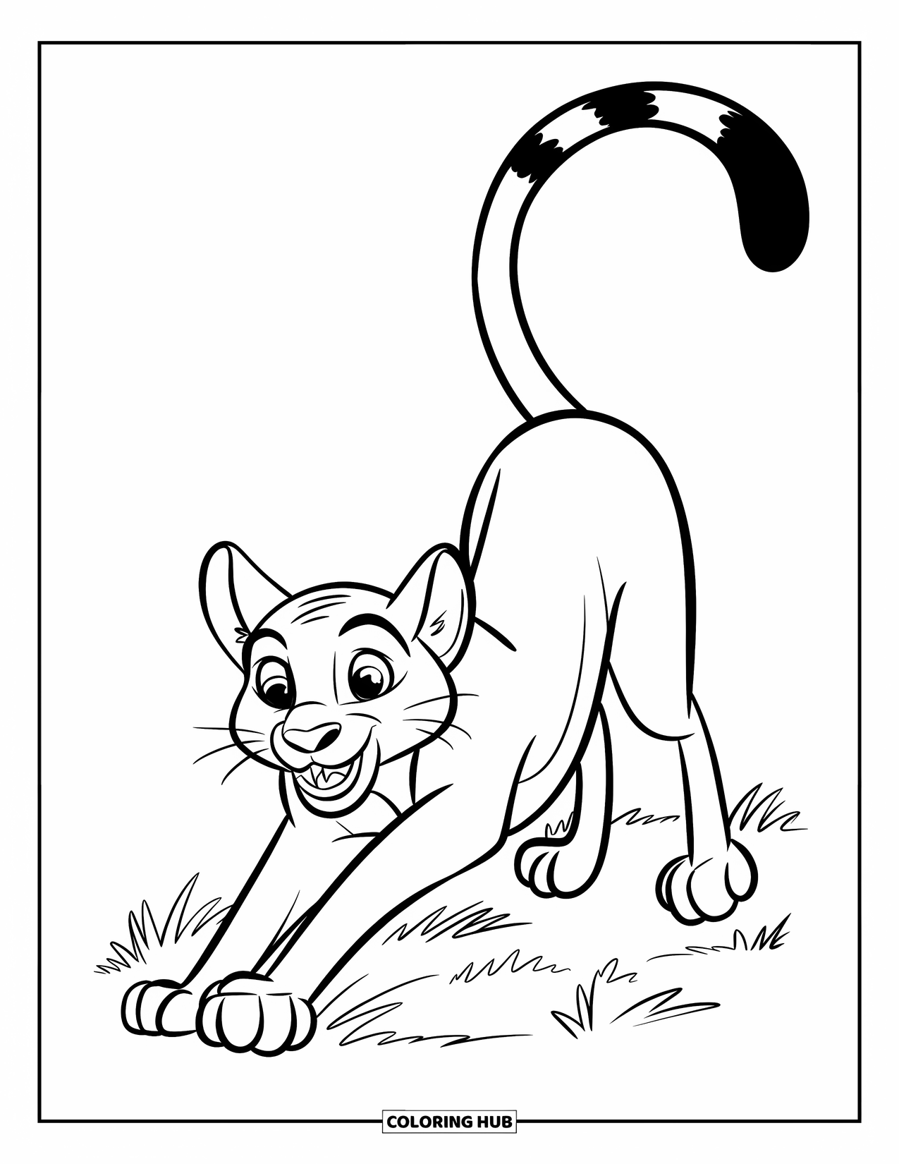 Puma Coloring Page for Kids: A smiling puma stretches on grassy ground, tail curled high