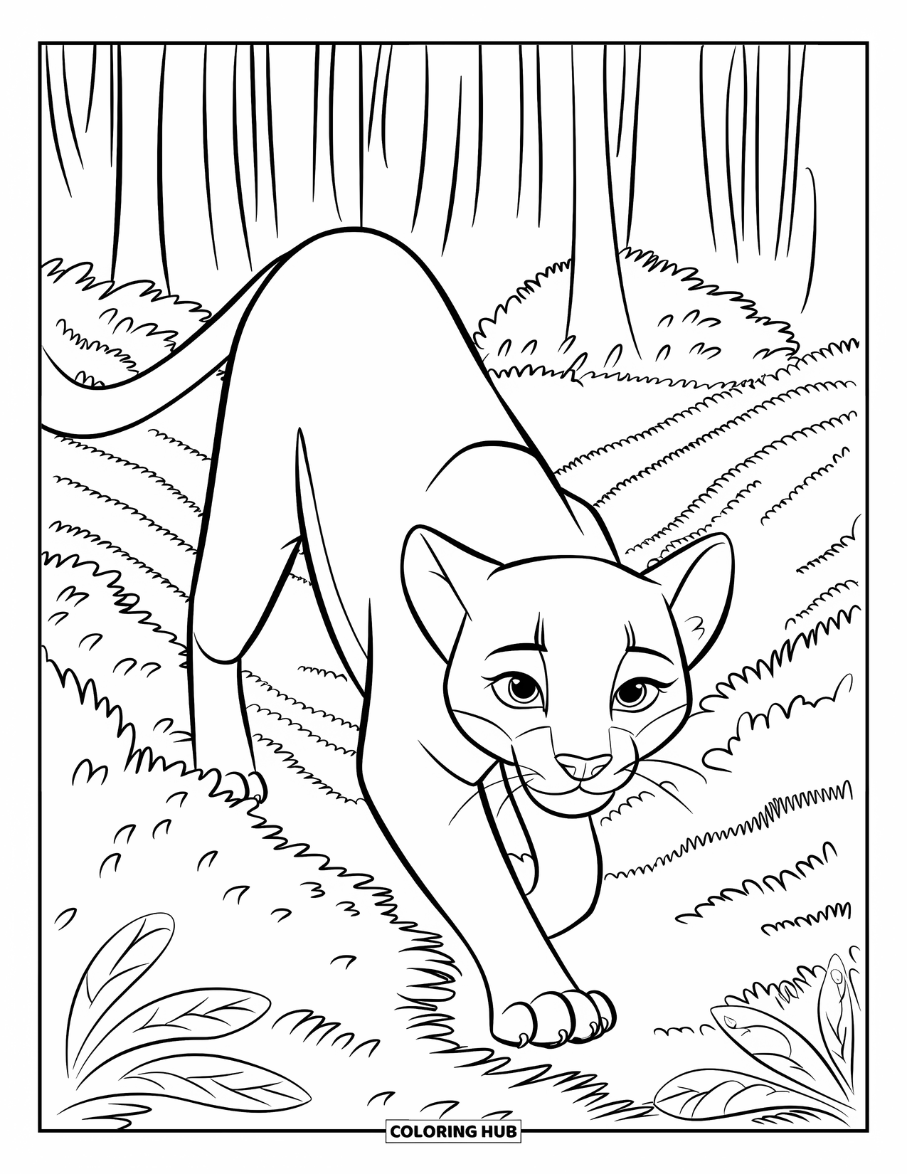 Puma Coloring Page for Kids: A sneaky puma creeps through thick leaves in a quiet forest