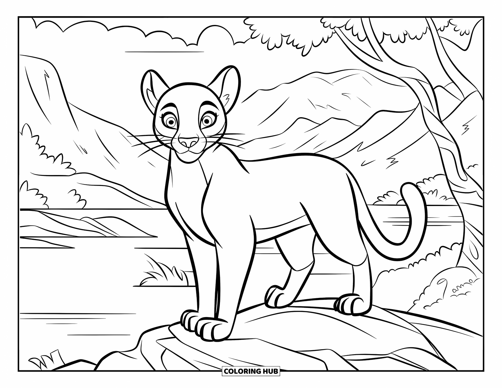 Puma Coloring Page for Kids: A strong puma stands on a windy rock with trees and mountains all around